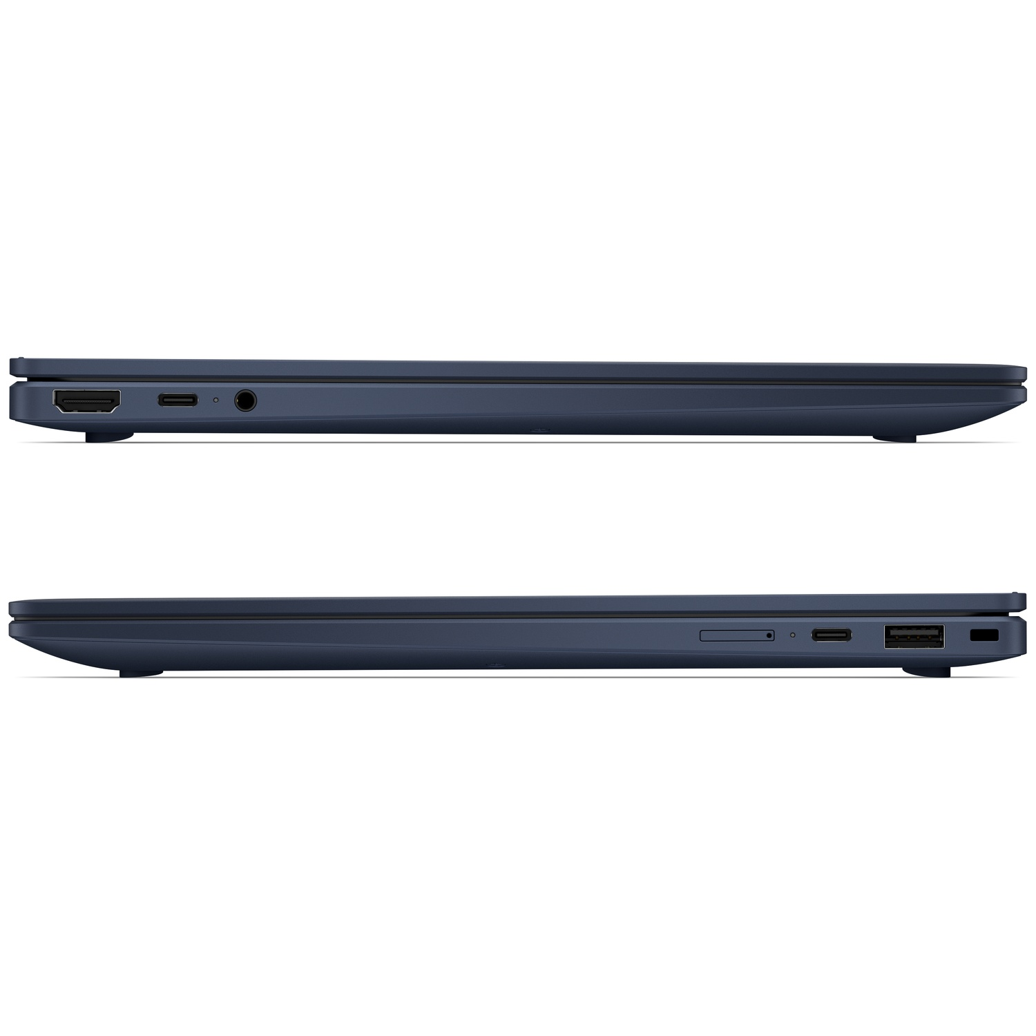 Twee zijaanzichten van een donkerblauwe laptop met diverse poorten op een witte achtergrond.