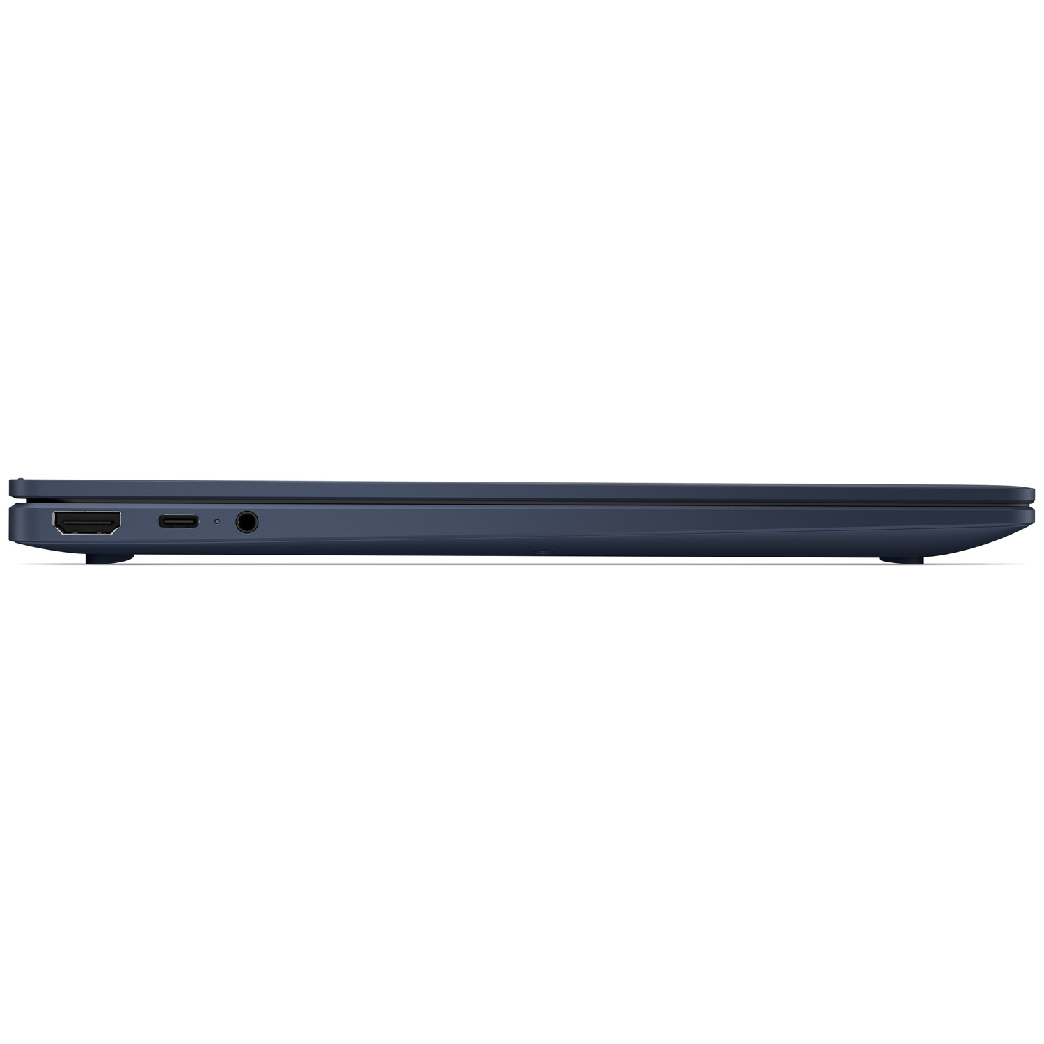 Zijaanzicht van een gesloten blauwe laptop met HDMI- en USB-C-poorten op een witte achtergrond.