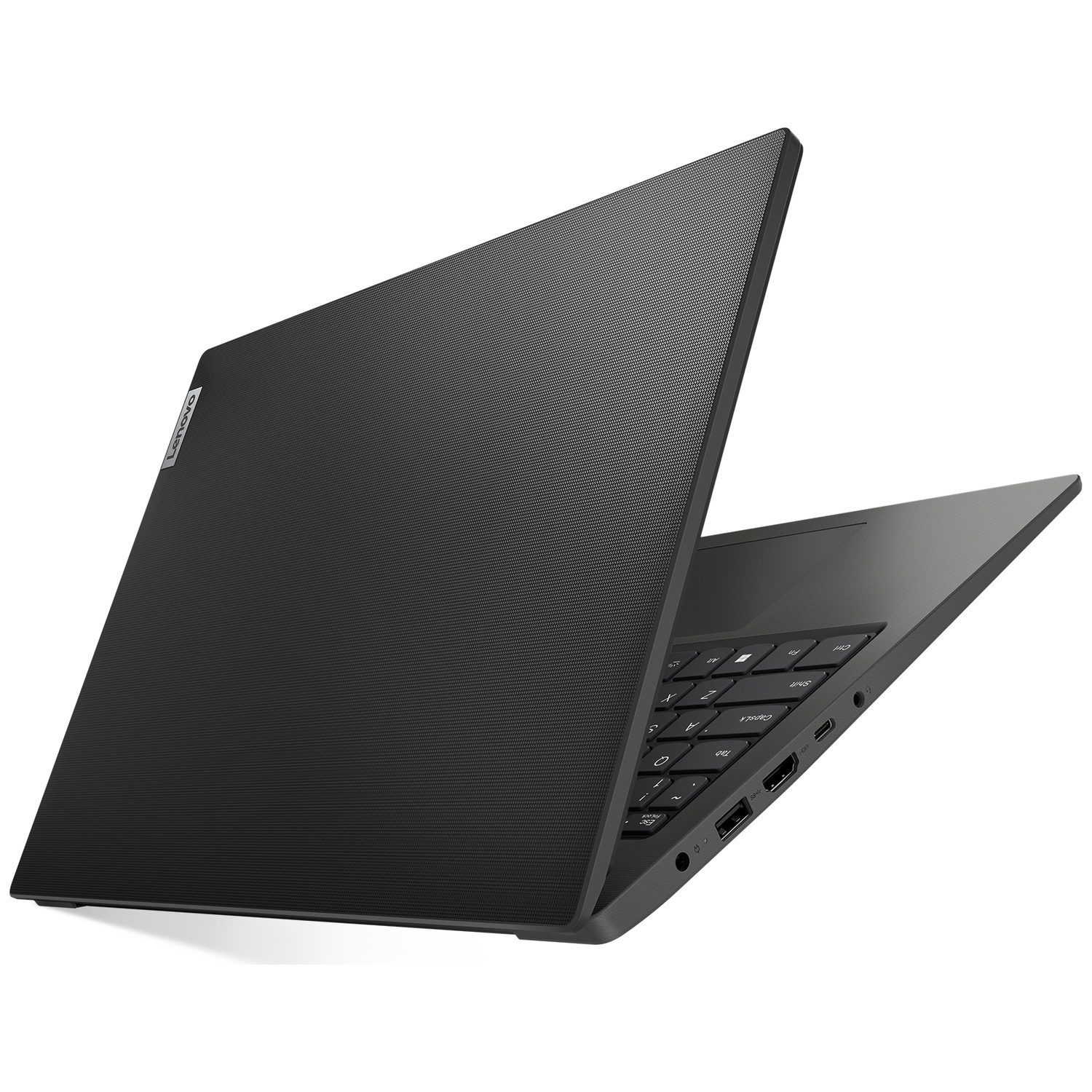 Een zwarte Lenovo-laptop op een wit oppervlak, met een getextureerde buitenzijde.