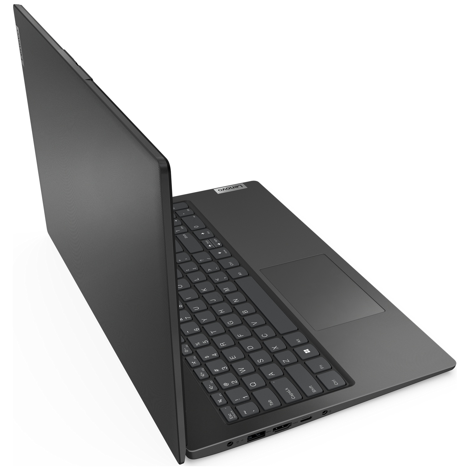 Een open zwarte Lenovo-laptop met gestructureerd deksel schuin tegen witte achtergrond.