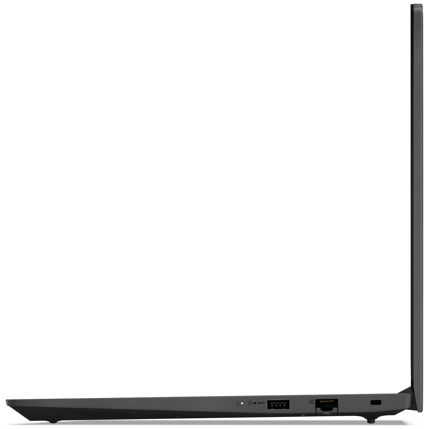 Zijaanzicht van een gesloten laptop met USB- en netwerkpoorten tegen een witte achtergrond.