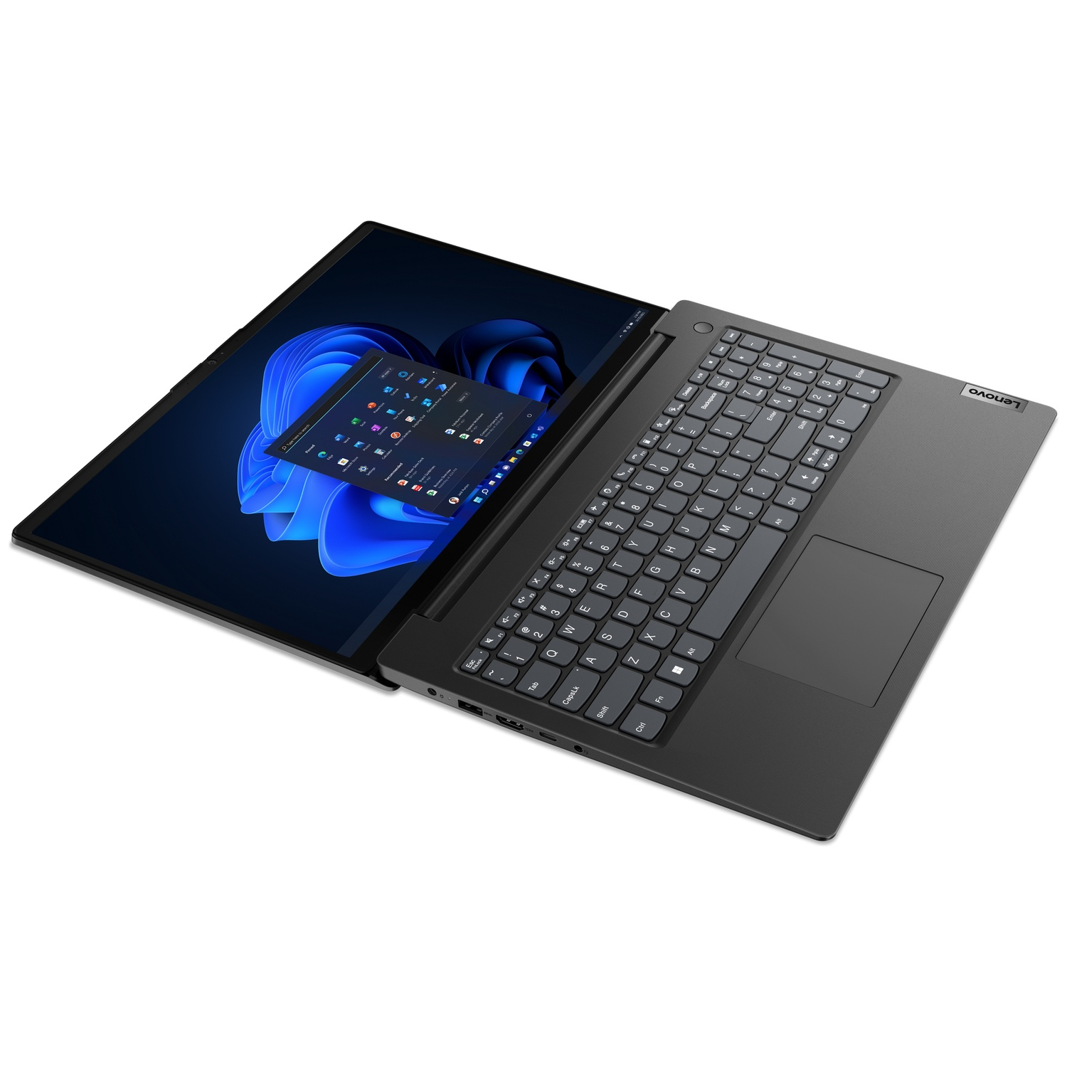 Een grijze Lenovo-laptop op een witte achtergrond met een blauw startmenu.