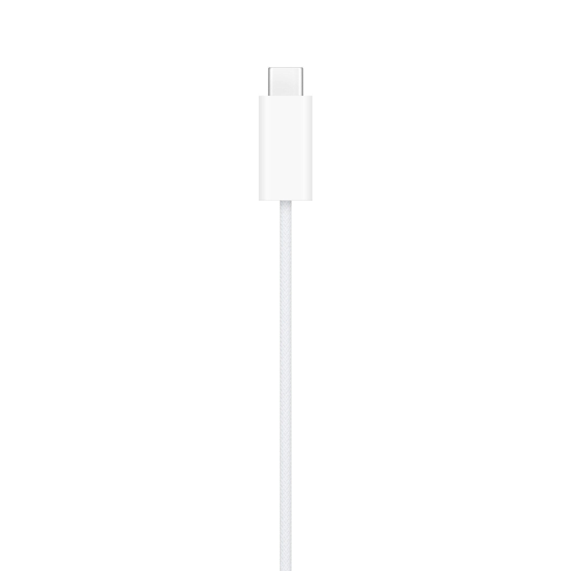 Egy fehér USB-C kábel csatlakozóval fehér háttér előtt.
