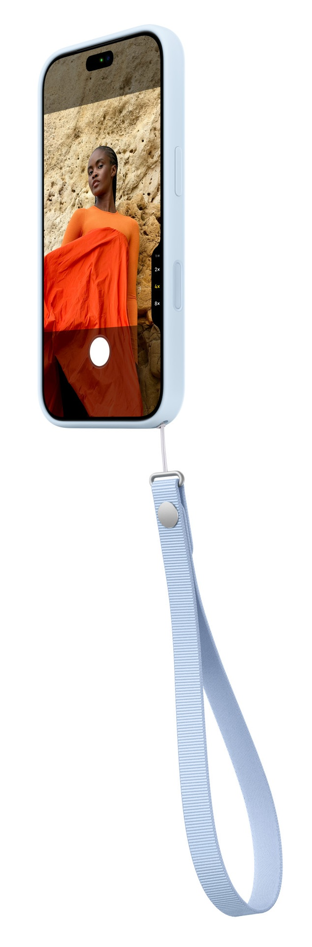 Jasnoniebieski smartfon z aplikacją aparatu i pasującym paskiem na rękę na białym tle.