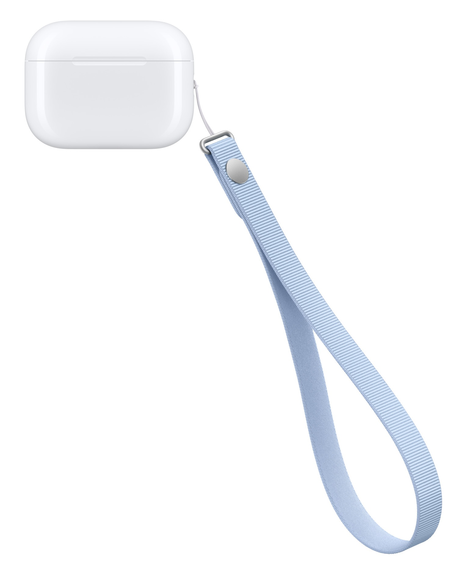 Białe etui do AirPods z jasnoniebieskim plecionym paskiem na białym tle.