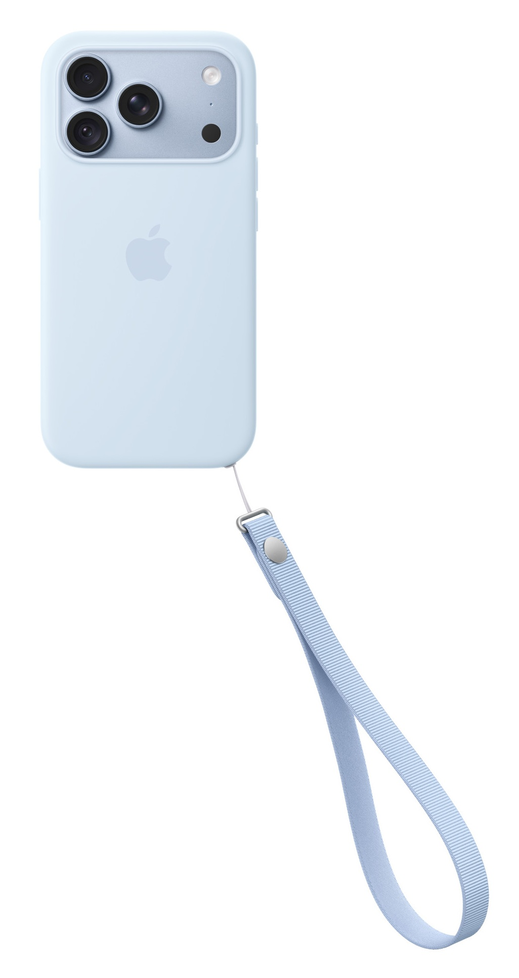 Jasnoniebieskie etui na iPhone'a z logo Apple, trzema aparatami z tyłu i pasującym paskiem na rękę.