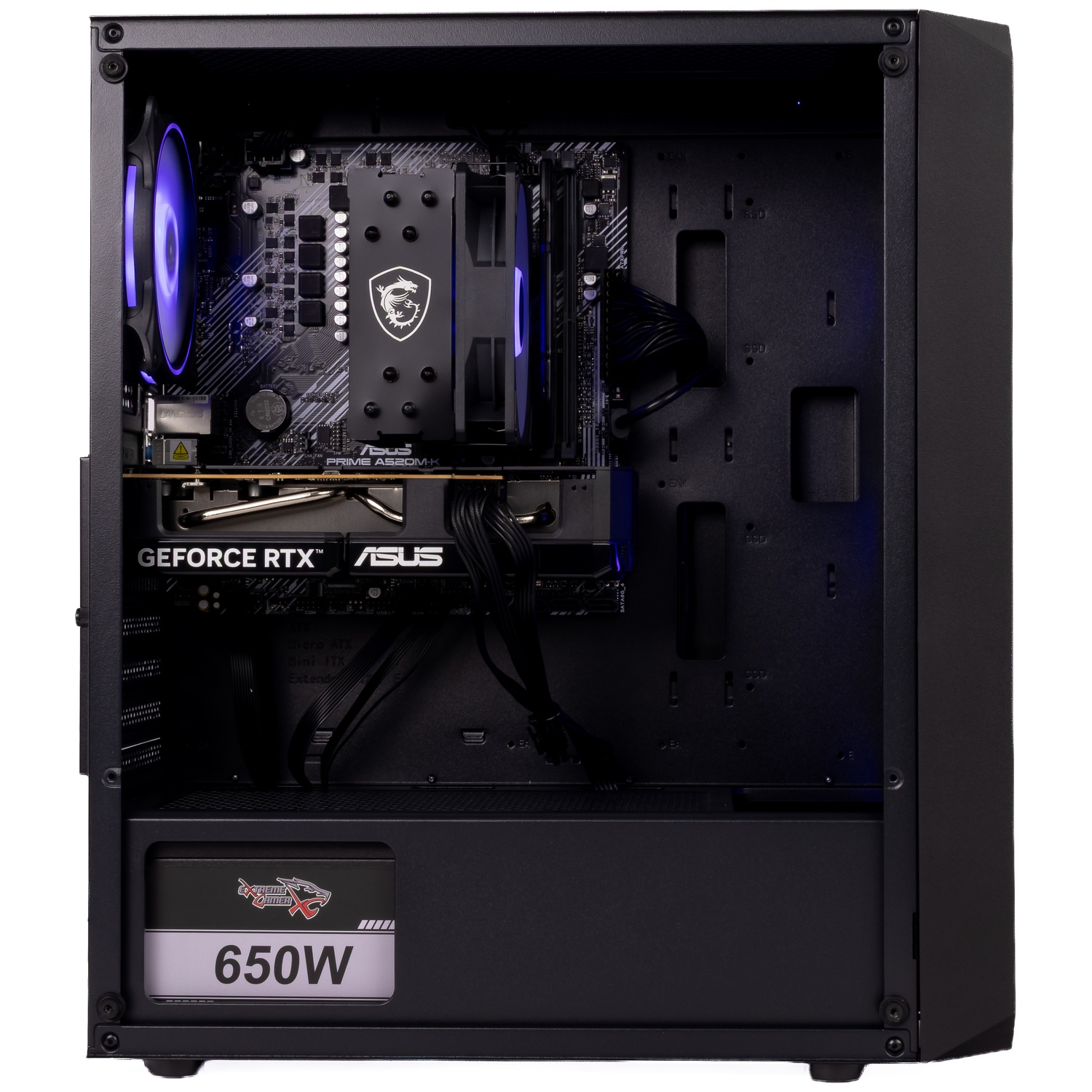 Inside view of a PC case with an MSI cooler, GeForce RTX graphics card, and a 650W power supply.