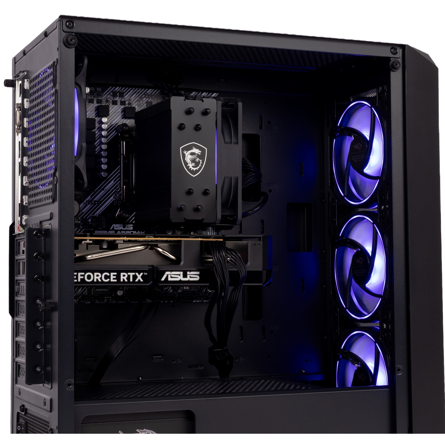 An open PC case interior shows components, including a GeForce RTX graphics card and glowing blue fans.