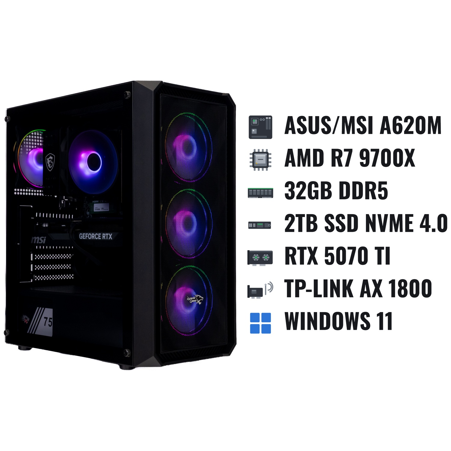 Zwarte gaming-pc toren met RGB-ventilatoren en specificaties rechts.