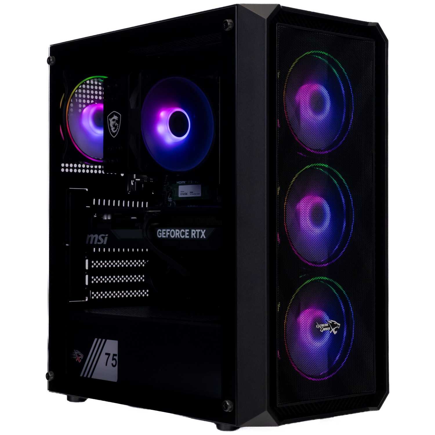 Een zwarte gaming-pc-toren met RGB-verlichte ventilatoren en een glazen zijpaneel.