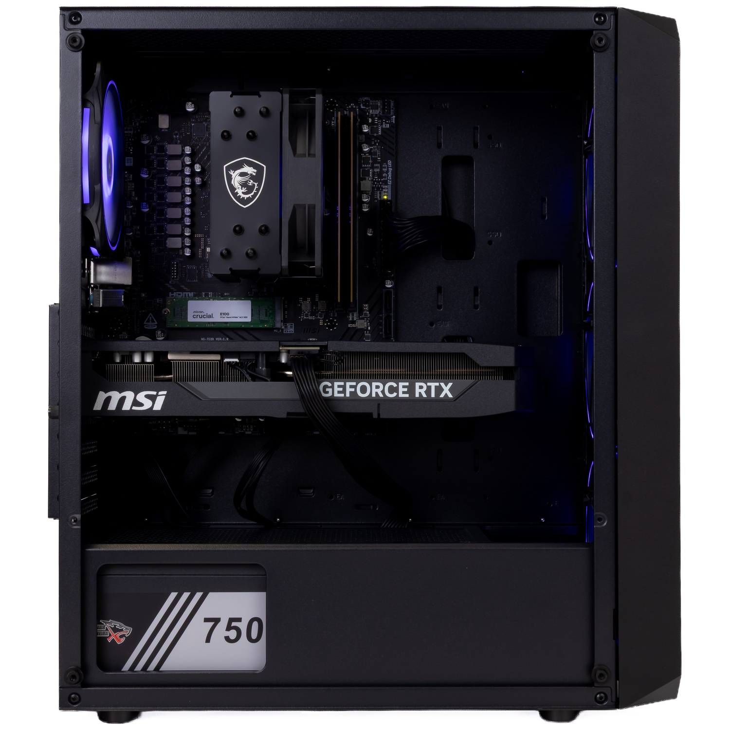 Open zwarte pc-behuizing met MSI-videokaart, cpu-koeler en blauwe led-ventilator.