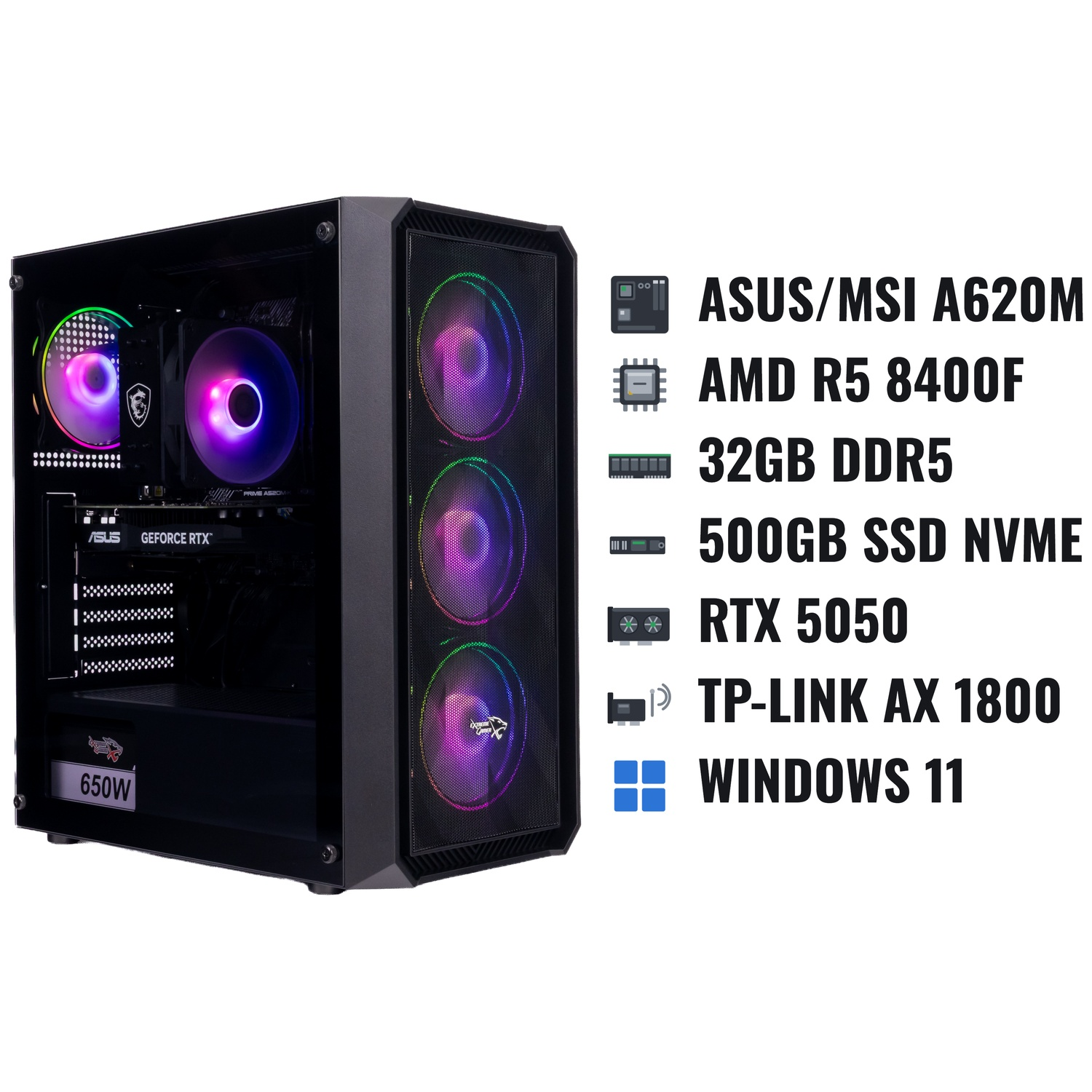 Gaming-pc met RGB-ventilatoren en specificaties rechts.