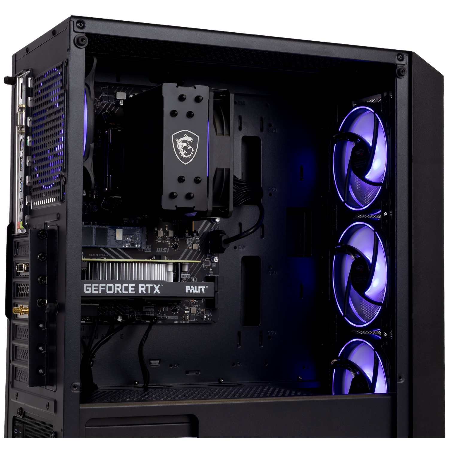 Pc-behuizing met MSI-koeler, RTX-grafische kaart en drie paars verlichte ventilators.