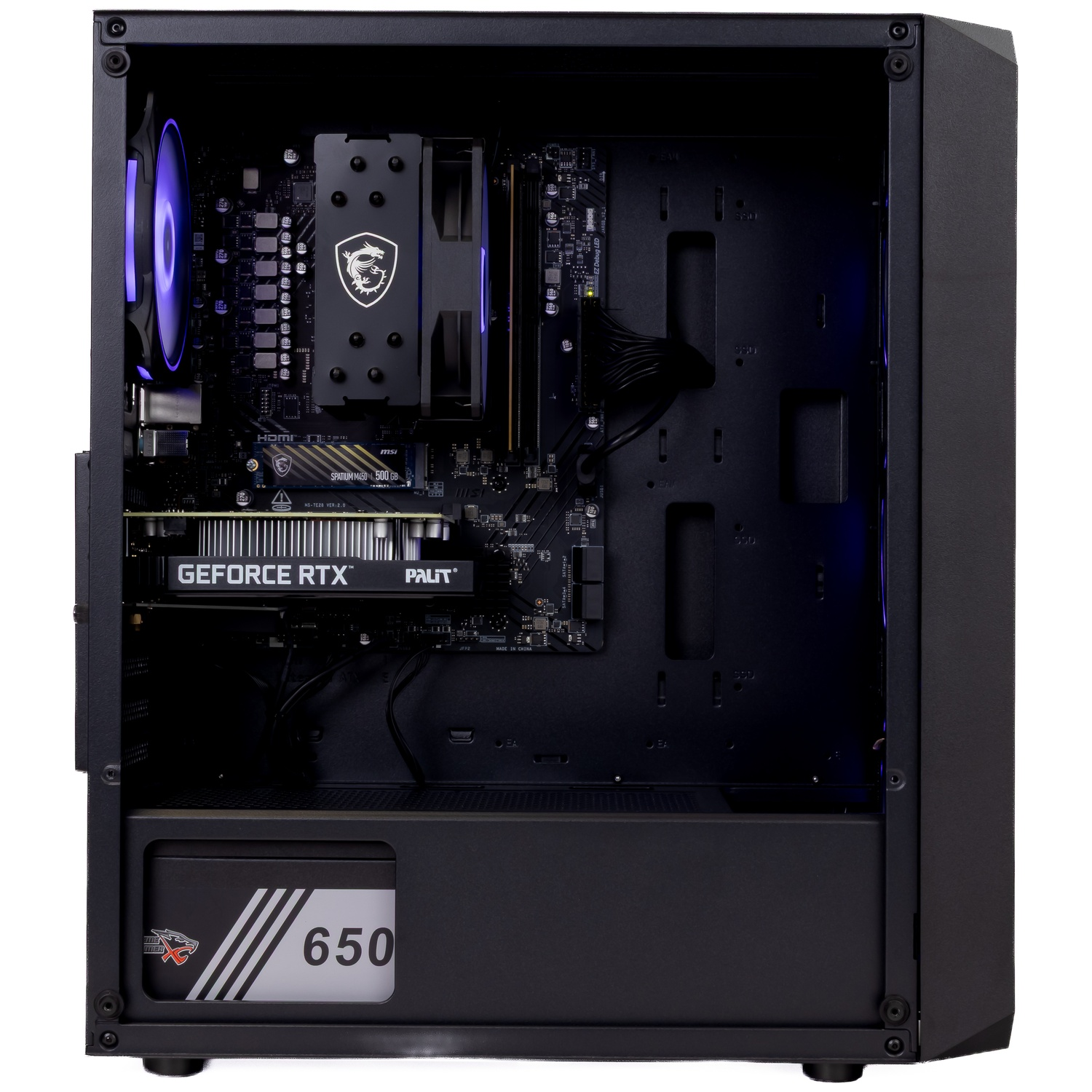 Boîtier de PC ouvert avec carte mère, refroidisseur, carte graphique GeForce RTX et ventilateur bleu.
