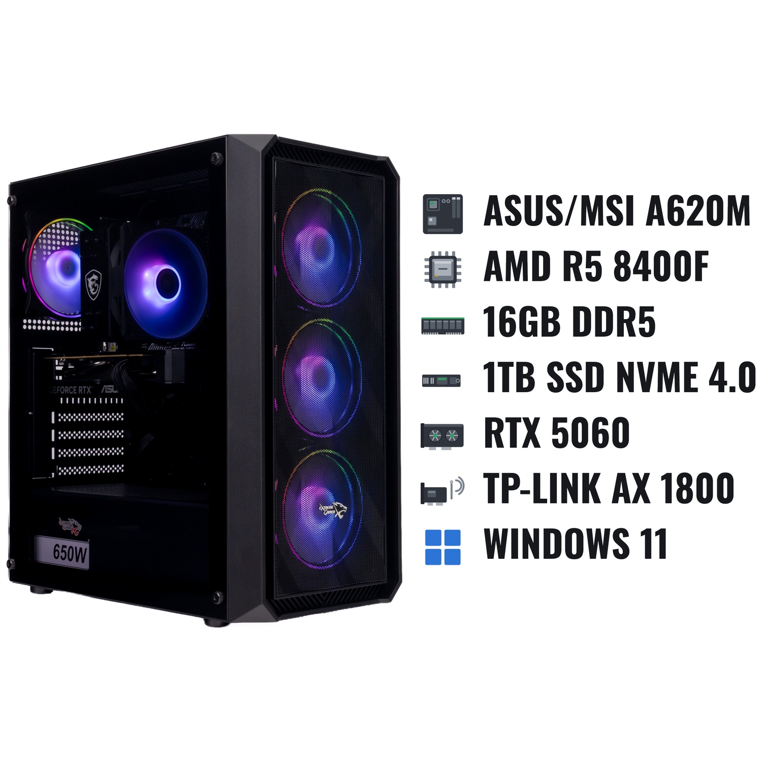 Een zwarte gaming-pc-behuizing met RGB-ventilatoren, naast een lijst met hardware-specificaties.
