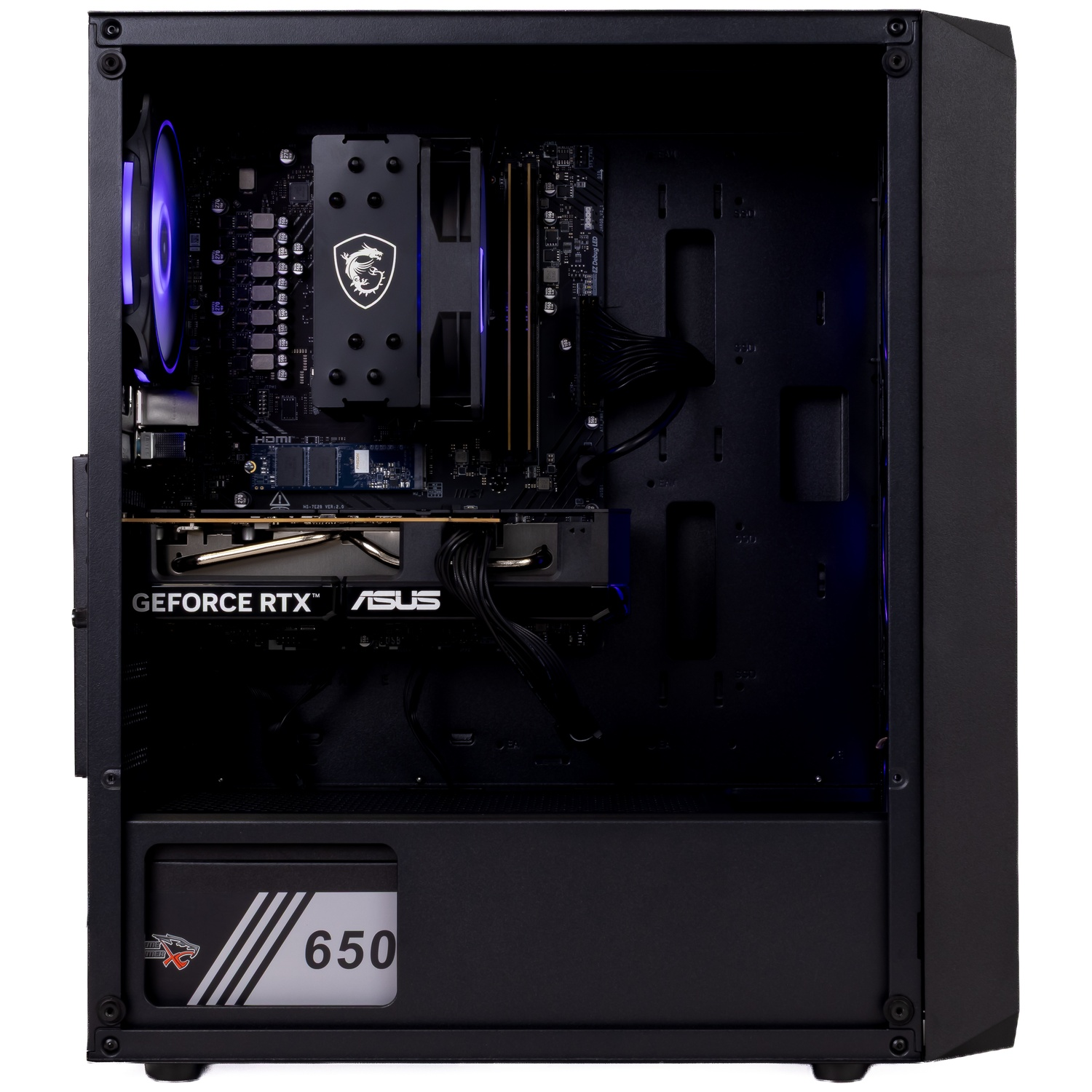 Interior view of a black PC case with components like a motherboard, CPU cooler, graphics card, and blue fan.