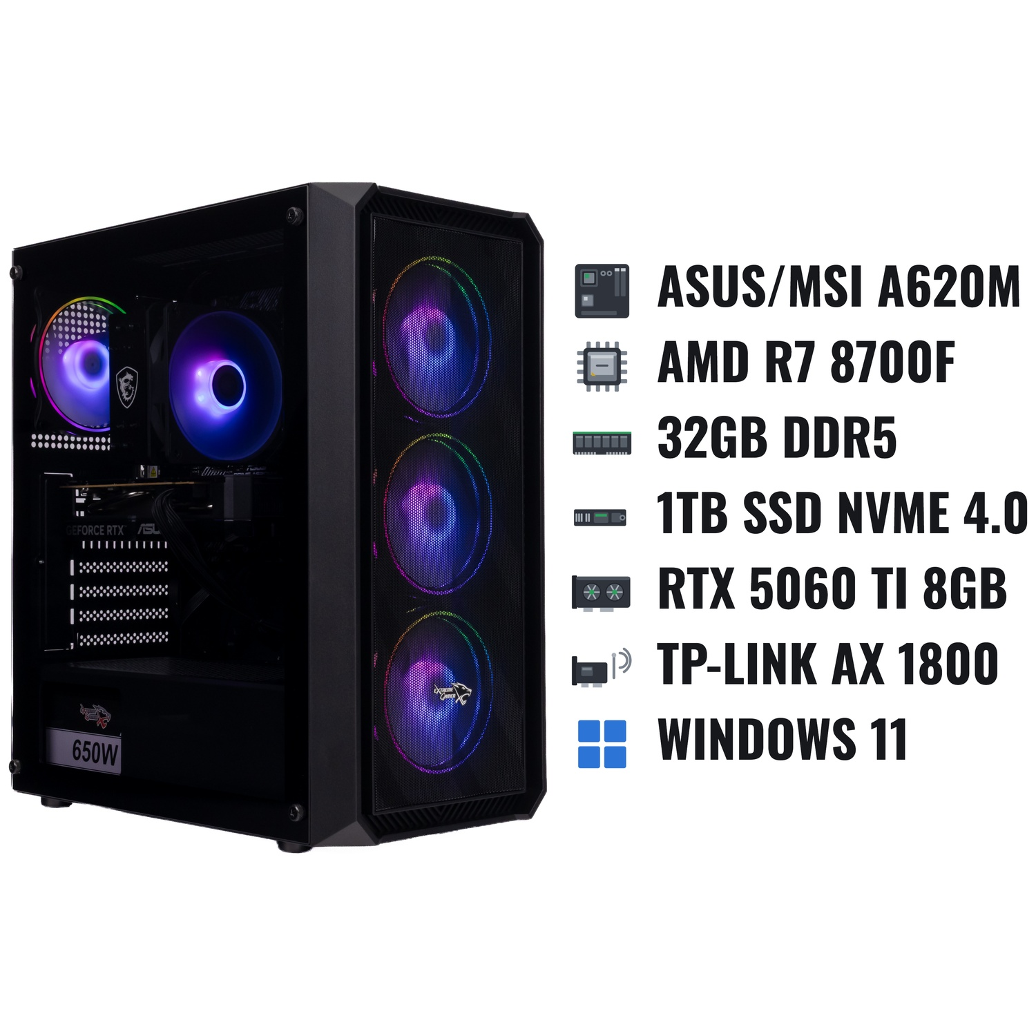 Zwarte gaming-pc toren met oplichtende RGB-ventilatoren en specificatielijst.