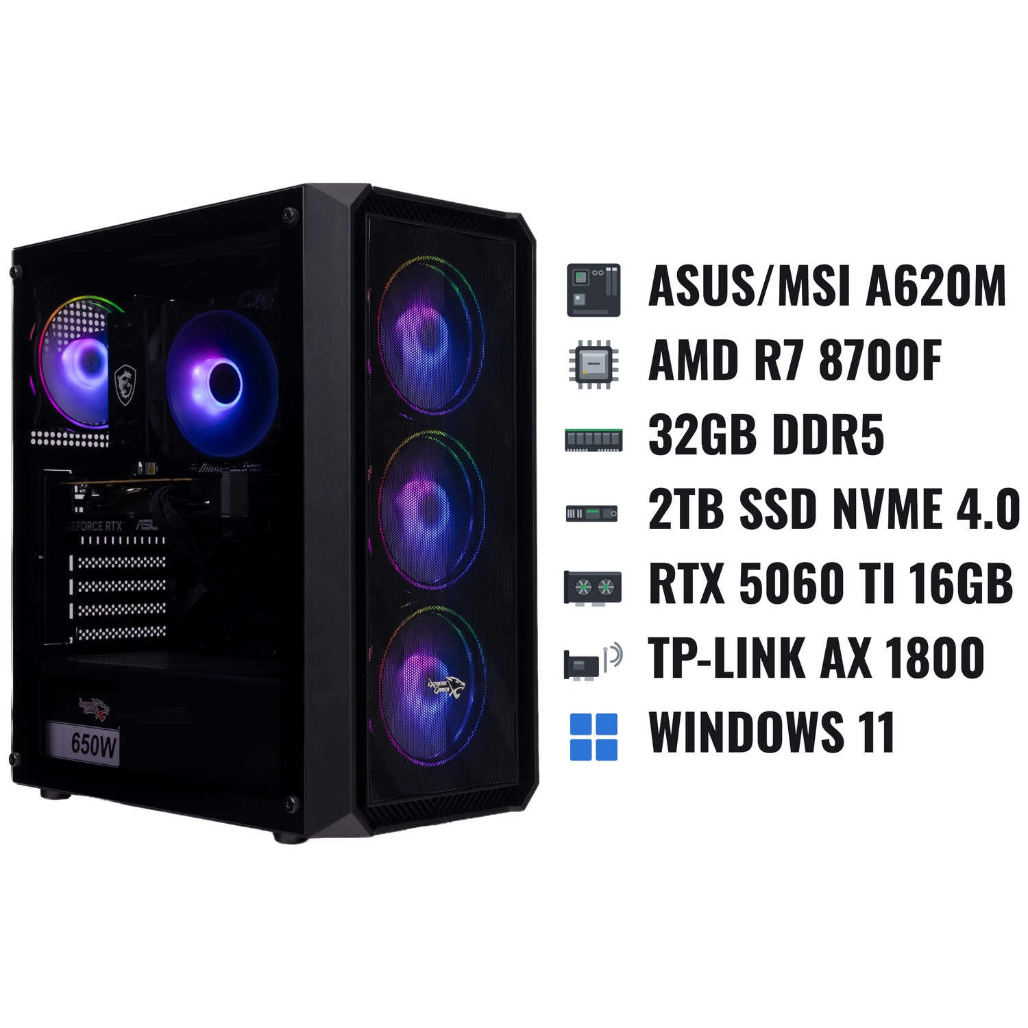 Zwarte gaming-pc met RGB-ventilatoren en technische specificaties.