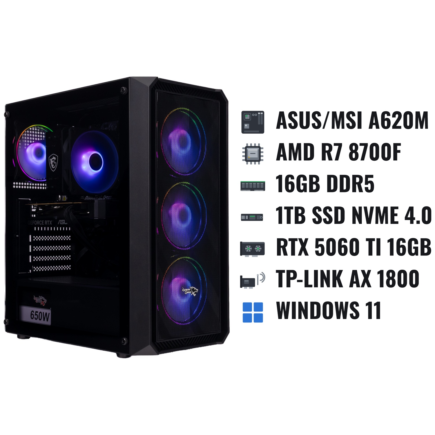Zwarte gaming-pc met RGB-ventilatoren en hardware-specificaties rechts.