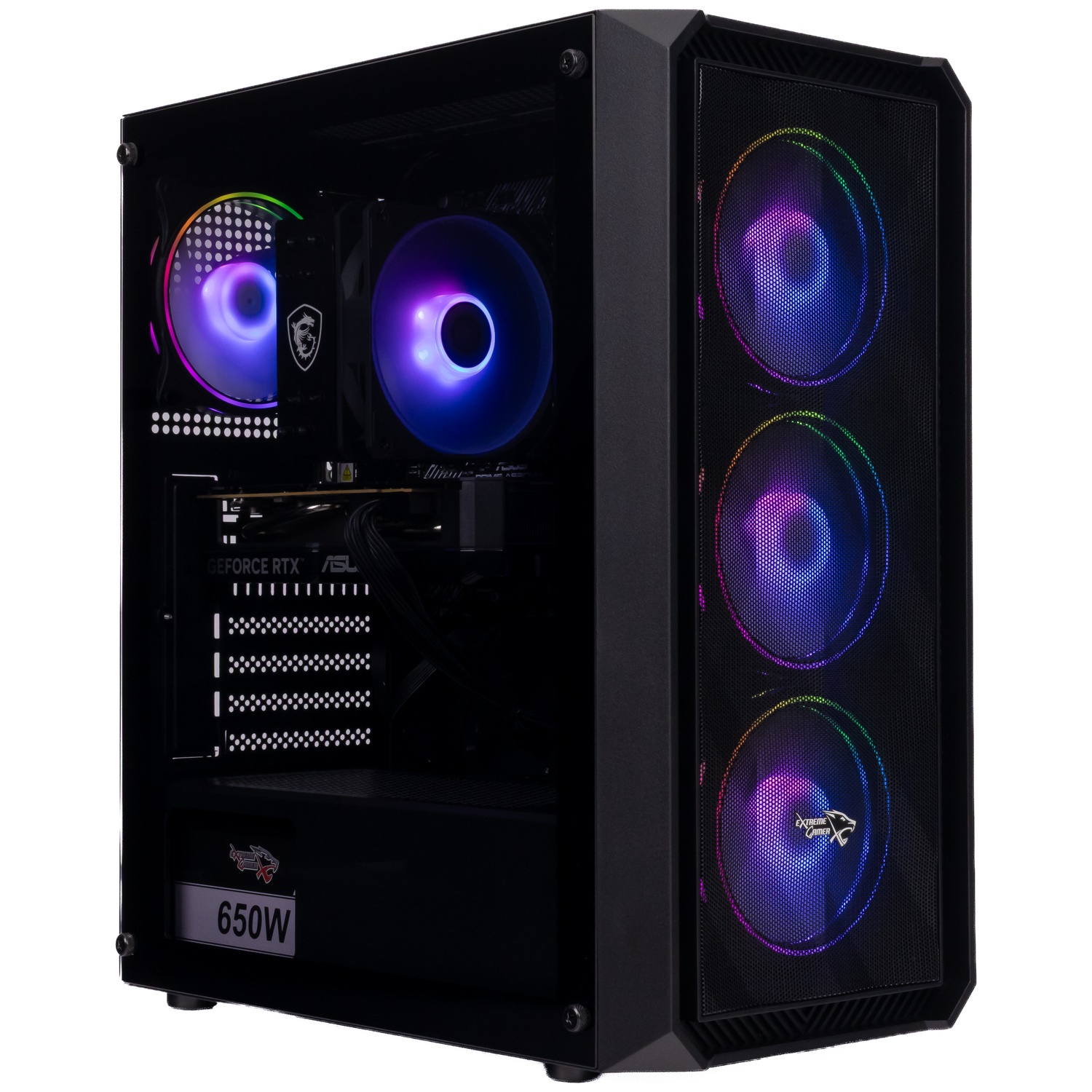 Zwarte gaming-pc-toren met kleurrijke RGB-verlichting op ventilatoren en een transparant zijpaneel.