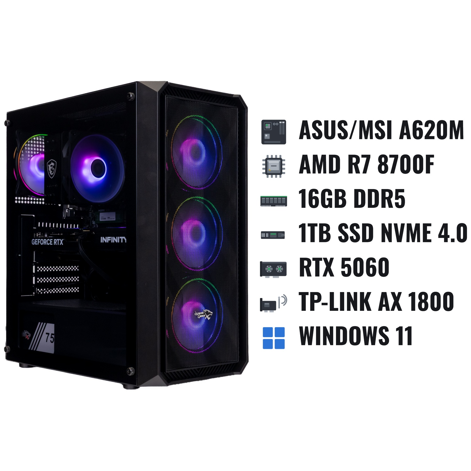 PC de jeu avec ventilateurs RVB et ses spécifications techniques sur fond blanc.