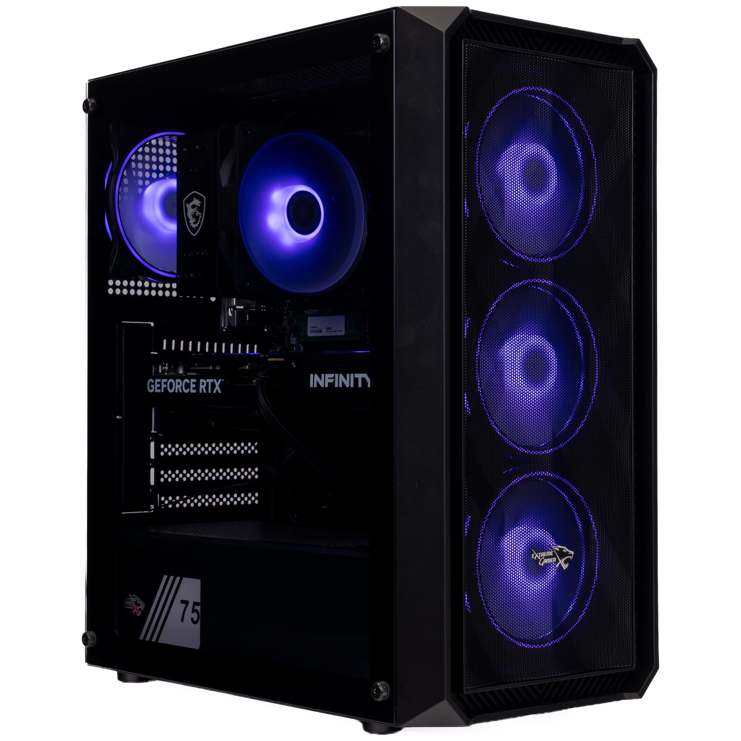 PC de jeu noir avec ventilateurs violets éclairés, panneau latéral transparent et composants intérieurs visibles.
