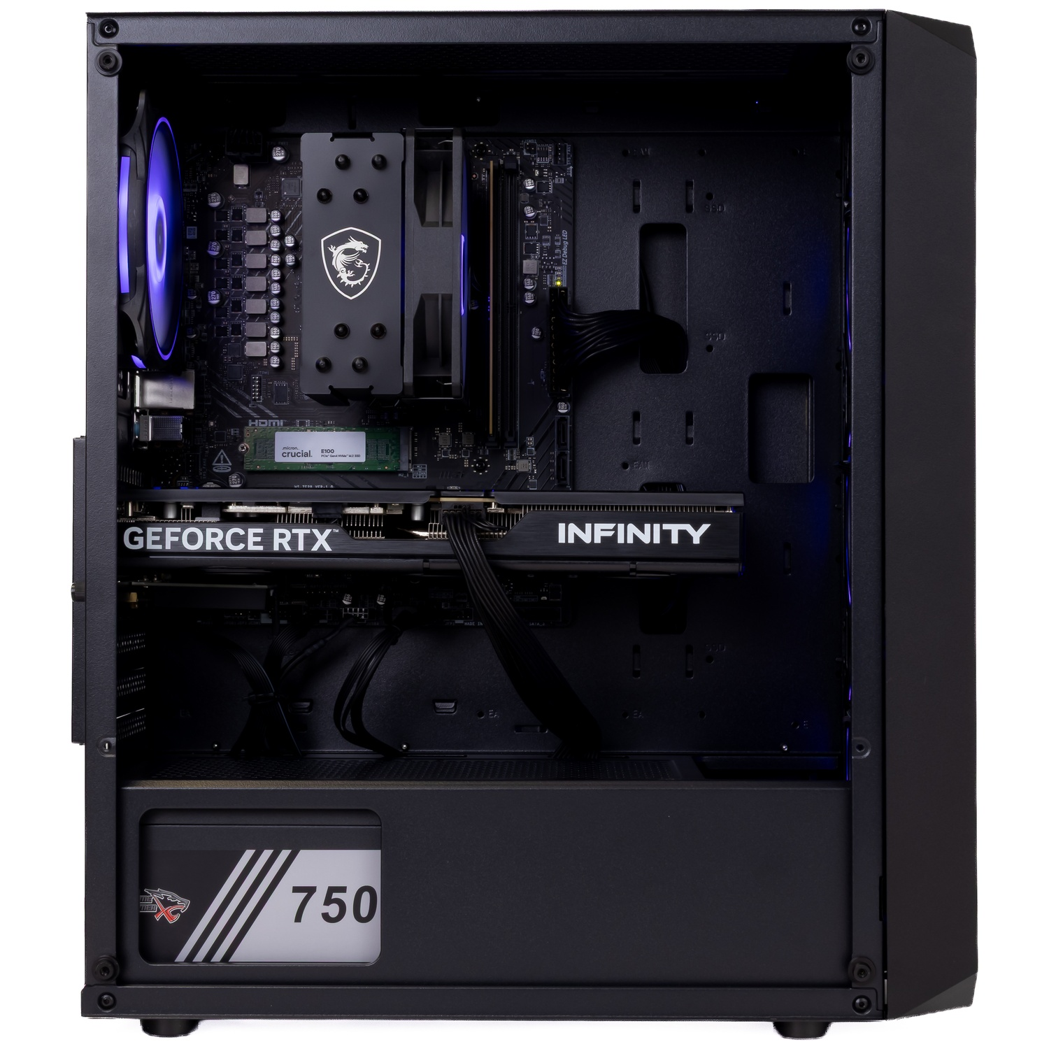 Vue intérieure d'un boîtier de PC noir, avec carte graphique GeForce RTX Infinity et ventilateur bleu.