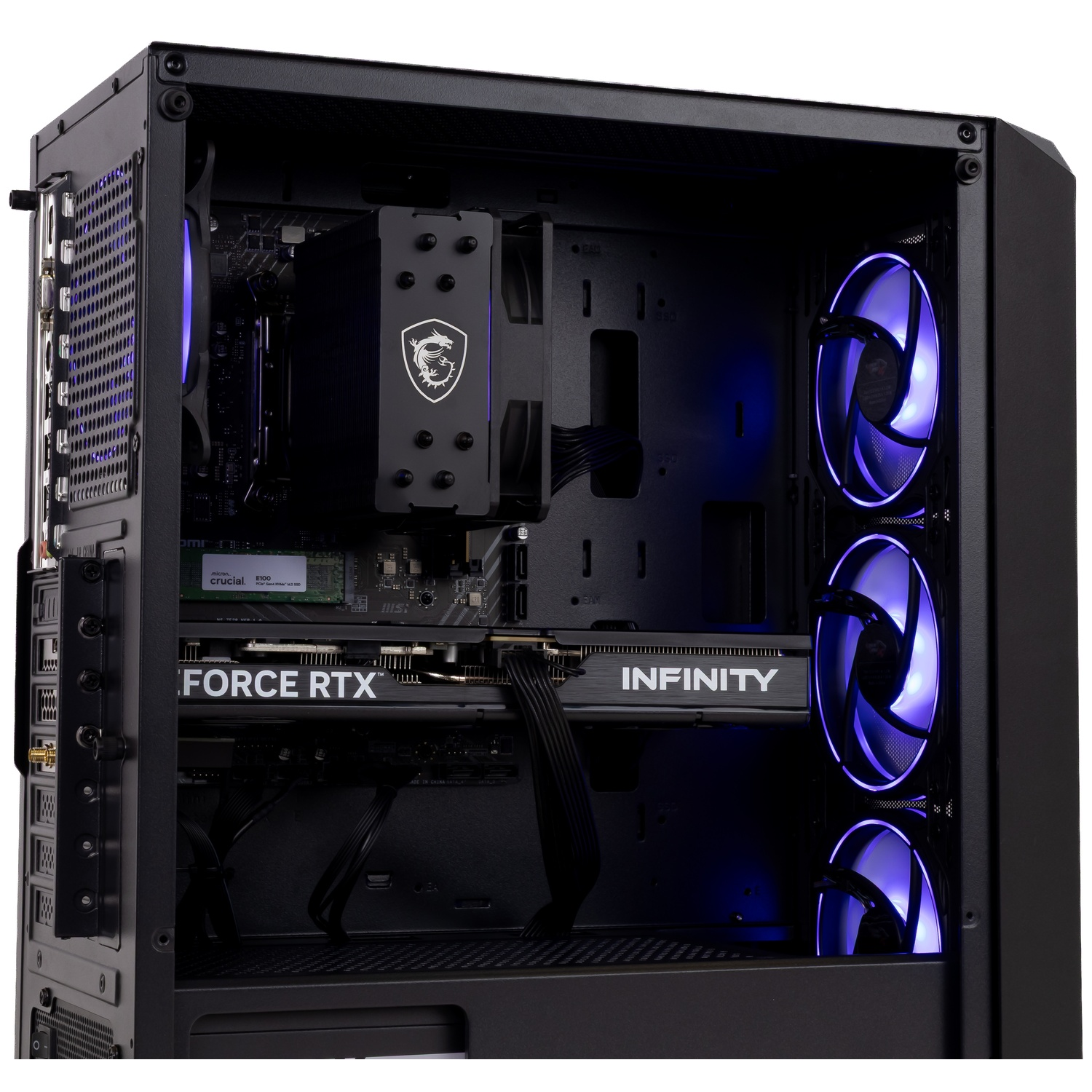 Un boîtier de PC avec refroidisseur MSI, carte graphique GeForce RTX et trois ventilateurs bleus.
