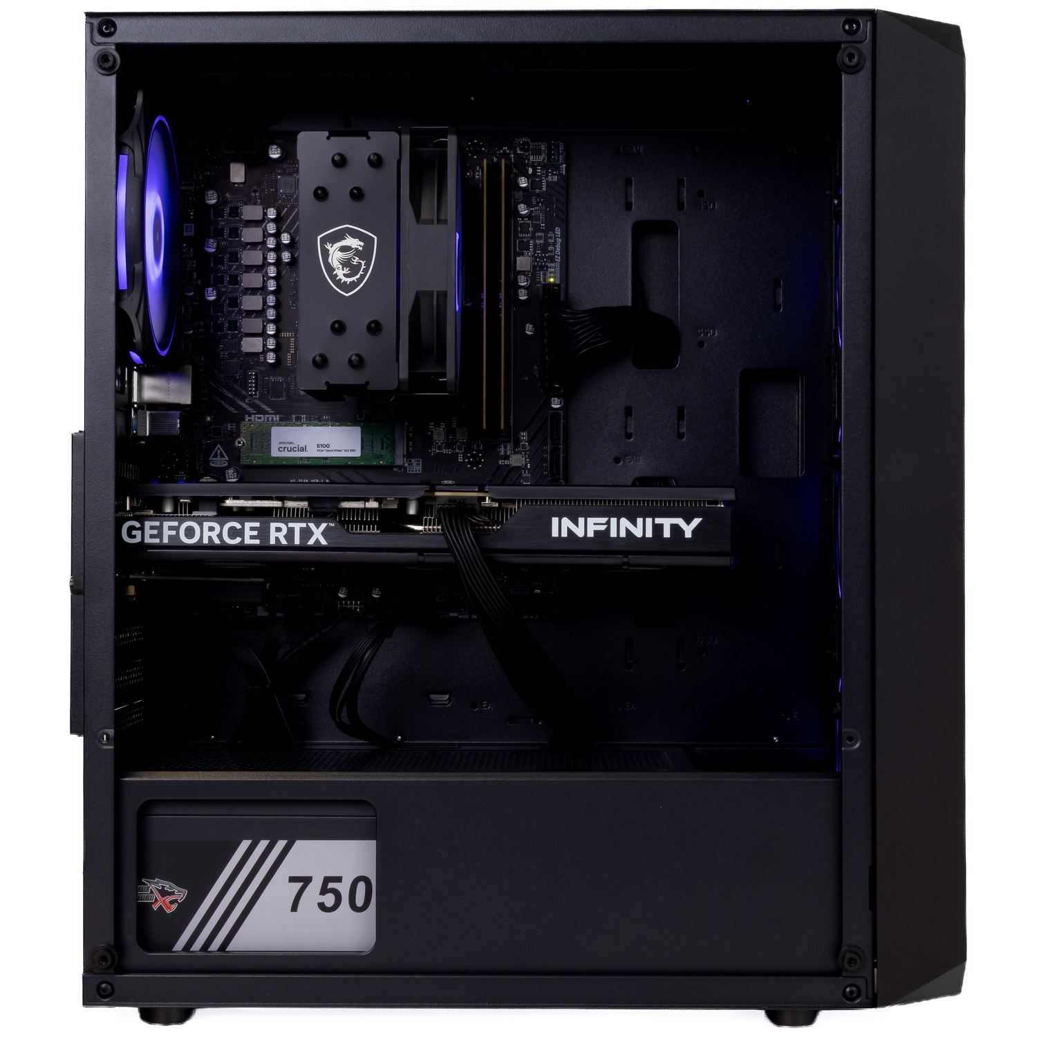 Intérieur d'un boîtier de PC noir montrant les composants, une carte graphique, un ventilateur LED bleu.