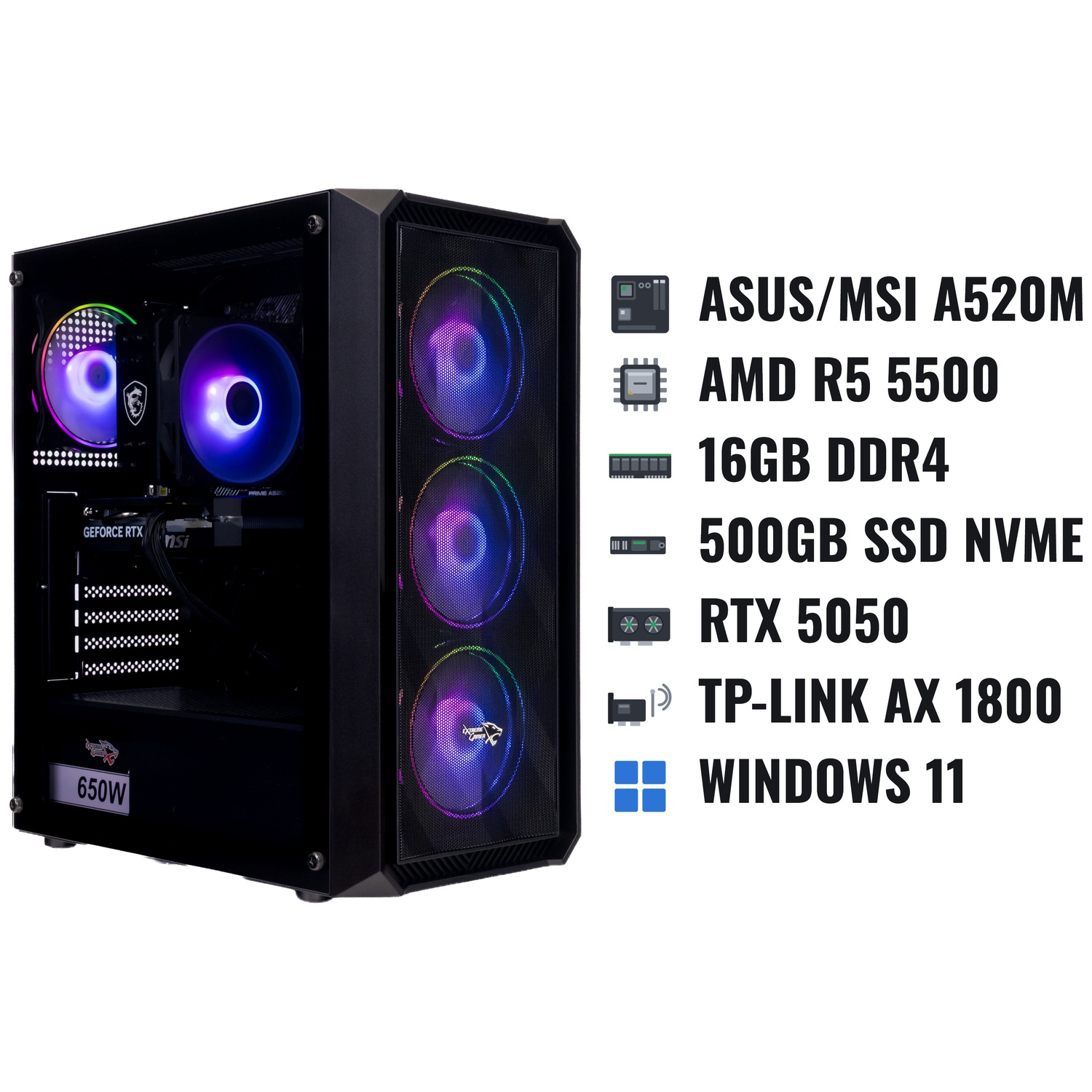 PC de jeu noir avec ventilateurs RGB et spécifications matérielles sur fond blanc.