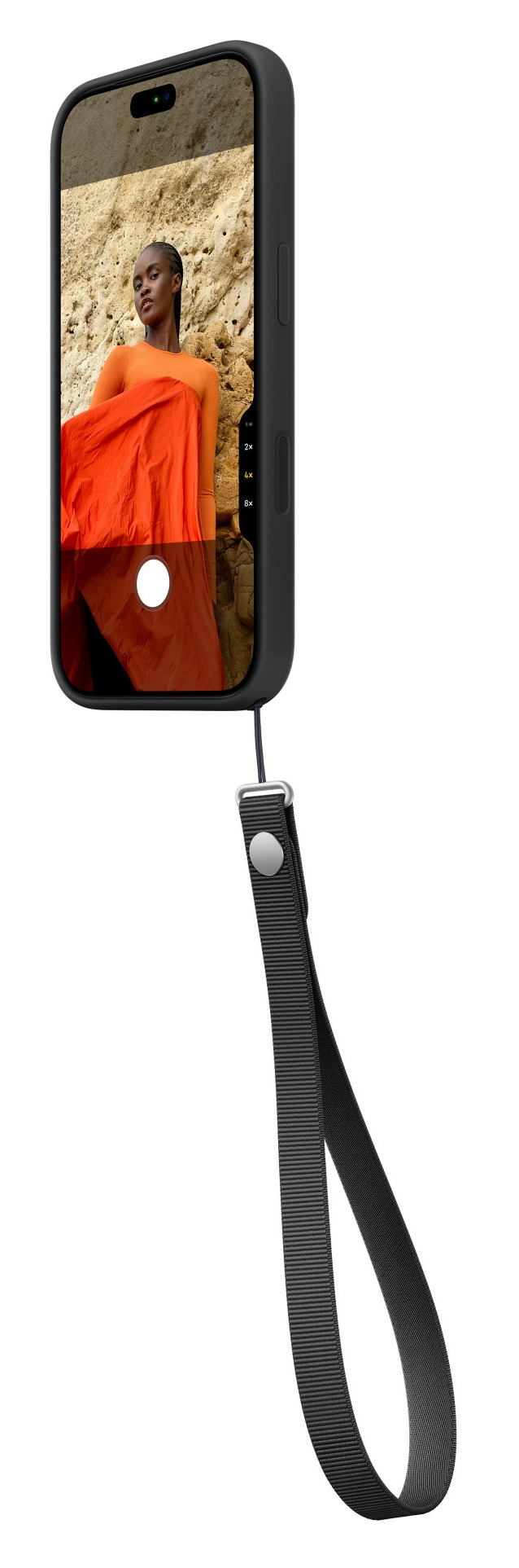 Czarny smartfon z wyświetlaczem i długą, czarną smyczą przymocowaną do dołu.