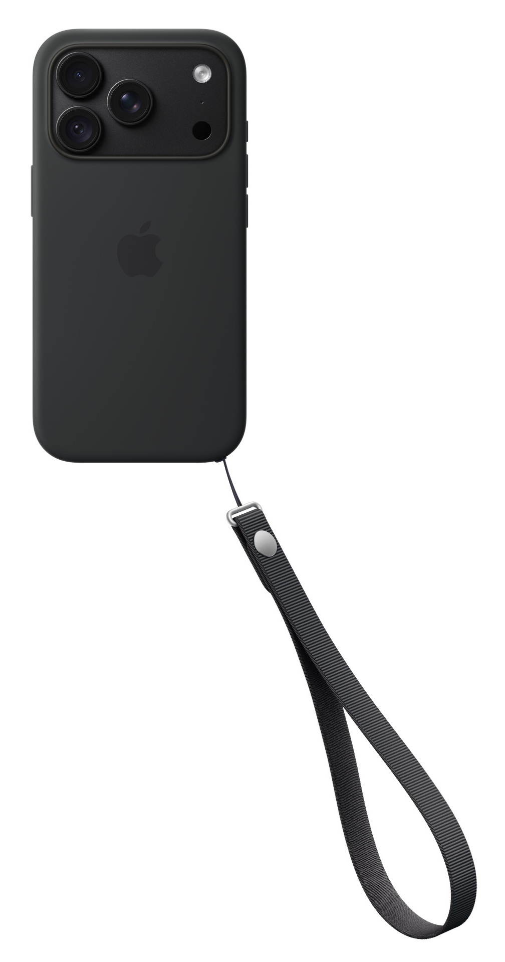 Czarny smartfon w etui z logo Apple i przymocowaną czarną smyczą na białym tle.