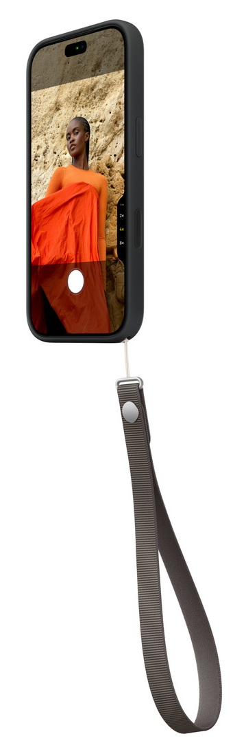 Smartfon w czarnym etui z szarym paskiem na nadgarstek, ekran przedstawia kobietę na tle skał.