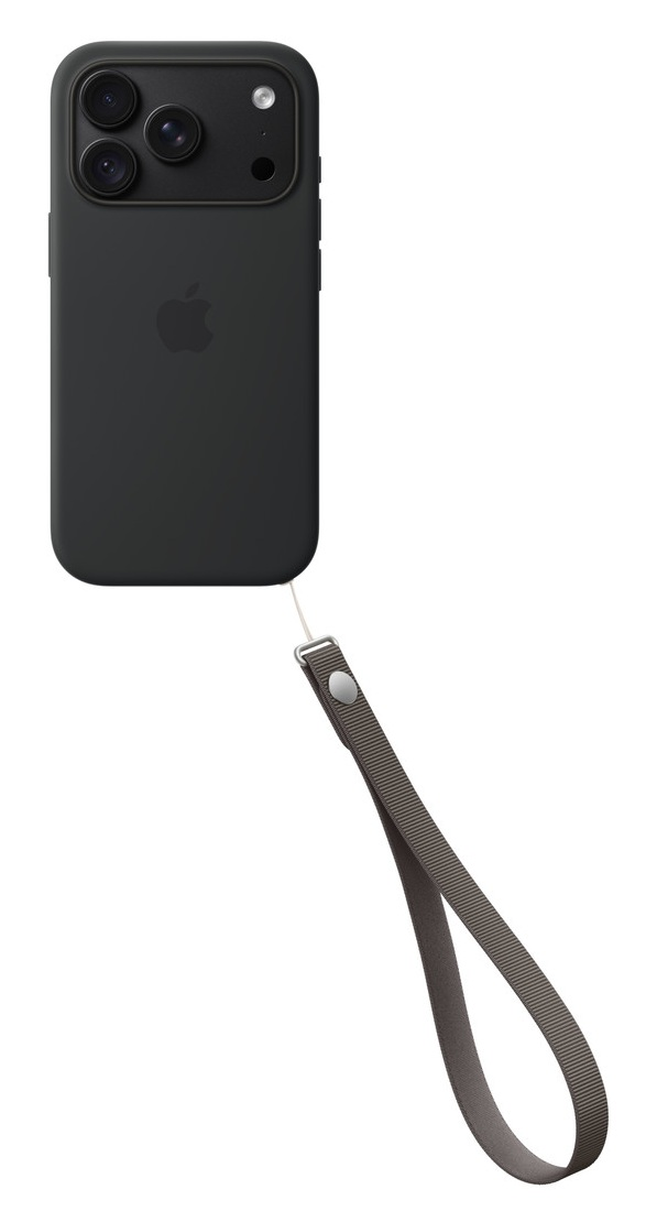 Czarny iPhone w etui ochronnym z szarym paskiem na rękę na białym tle.