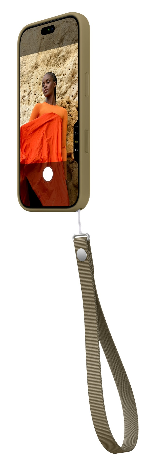 Beżowe etui na telefon z ekranem i pasującym paskiem na nadgarstek.