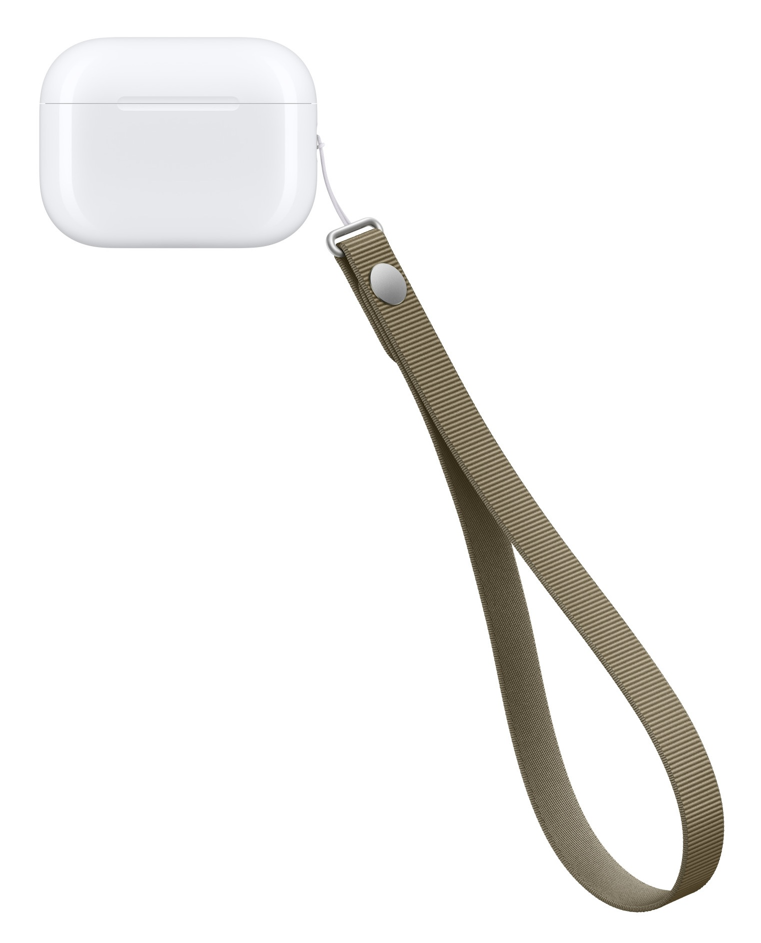 Białe etui ładujące do słuchawek AirPods z beżowym paskiem na białym tle.