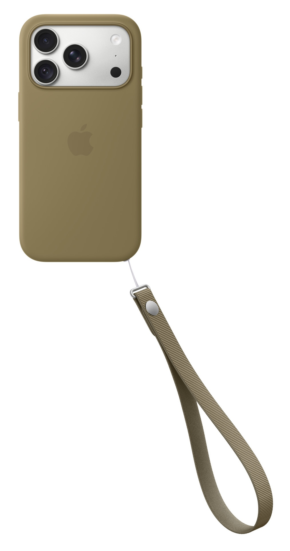 Oliwkowy iPhone w etui z aparatami i pasującym paskiem na rękę na białym tle.