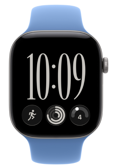 Smartwatch z jasnoniebieskim paskiem i czarnym ekranem wyświetlającym godzinę 10:09 i trzy ikony.