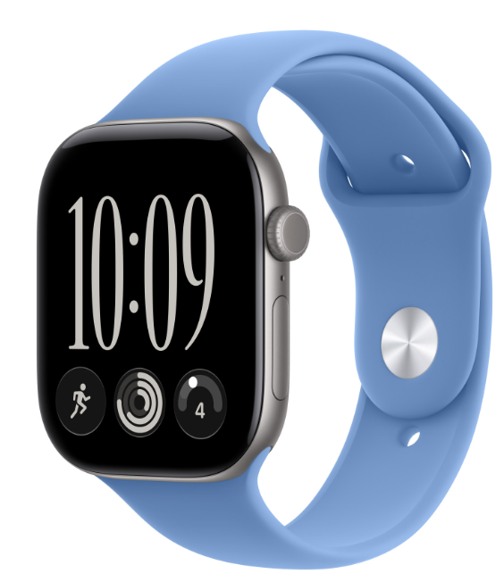 Smartwatch z niebieskim silikonowym paskiem i czarnym ekranem pokazującym godzinę 10:09 na białym tle.