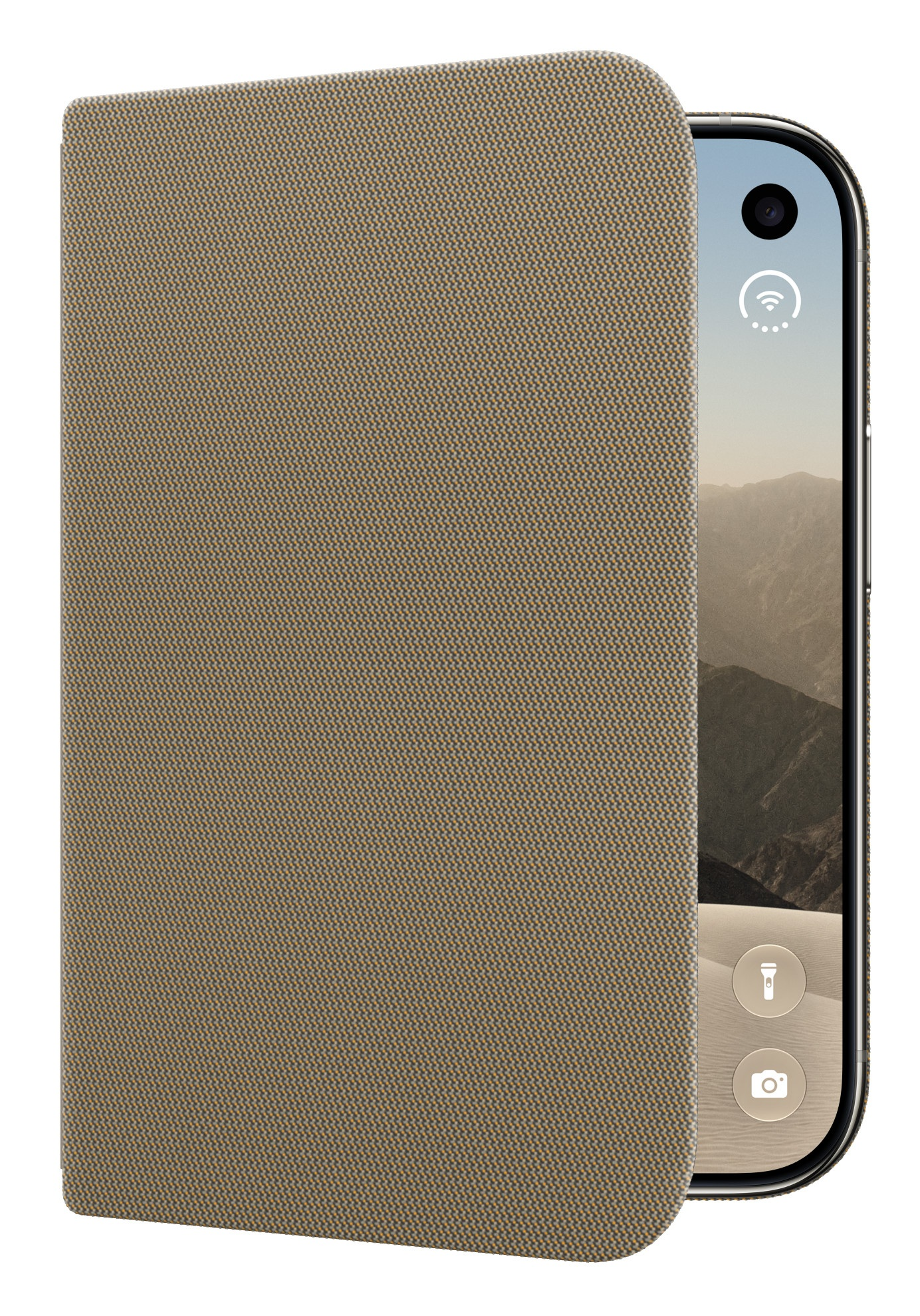 Smartfon w brązowym etui z tkaniny z górską tapetą.