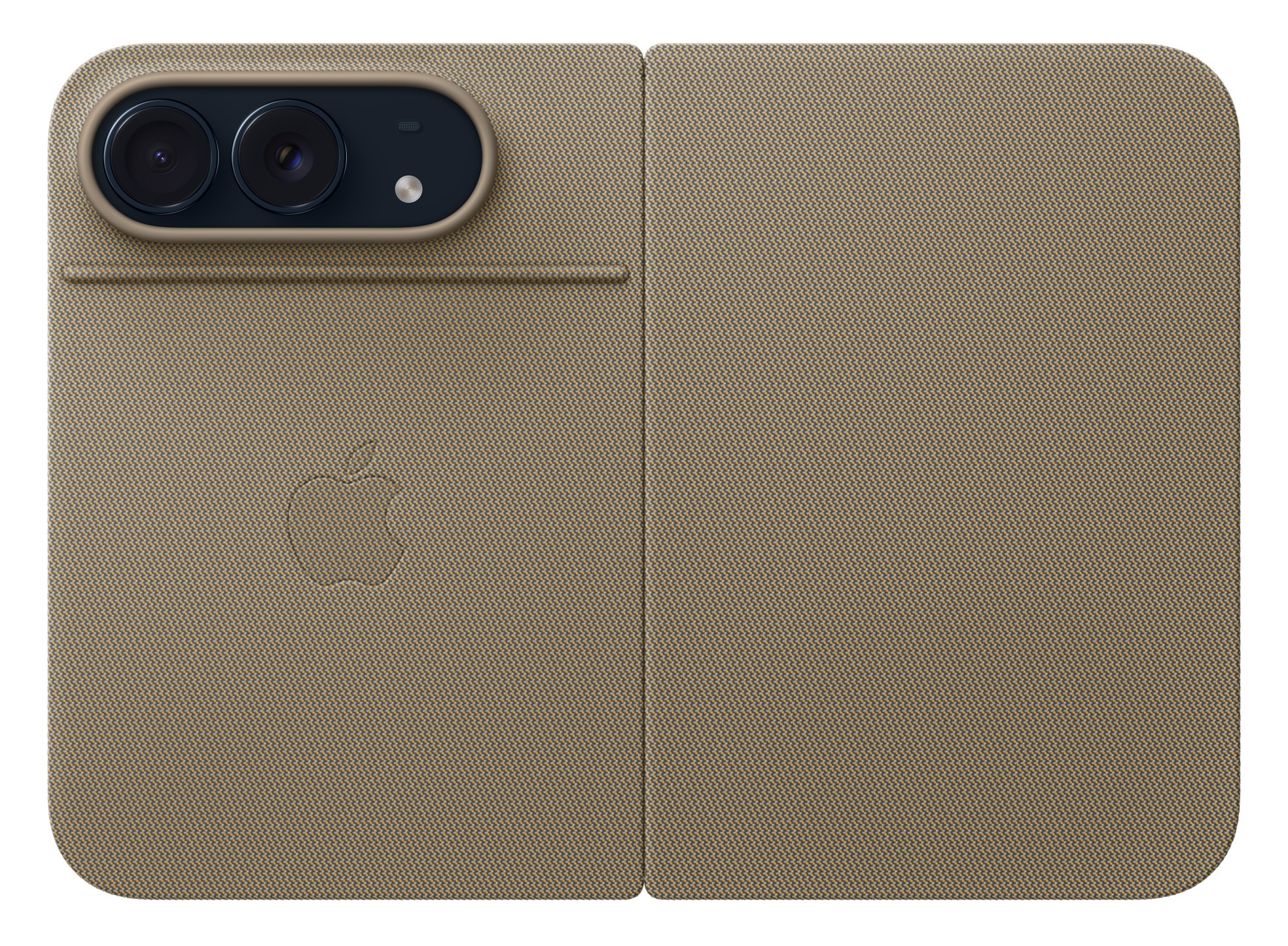 Składane brązowe materiałowe etui na smartfon z dwoma aparatami u góry po lewej i wytłoczonym logo Apple.