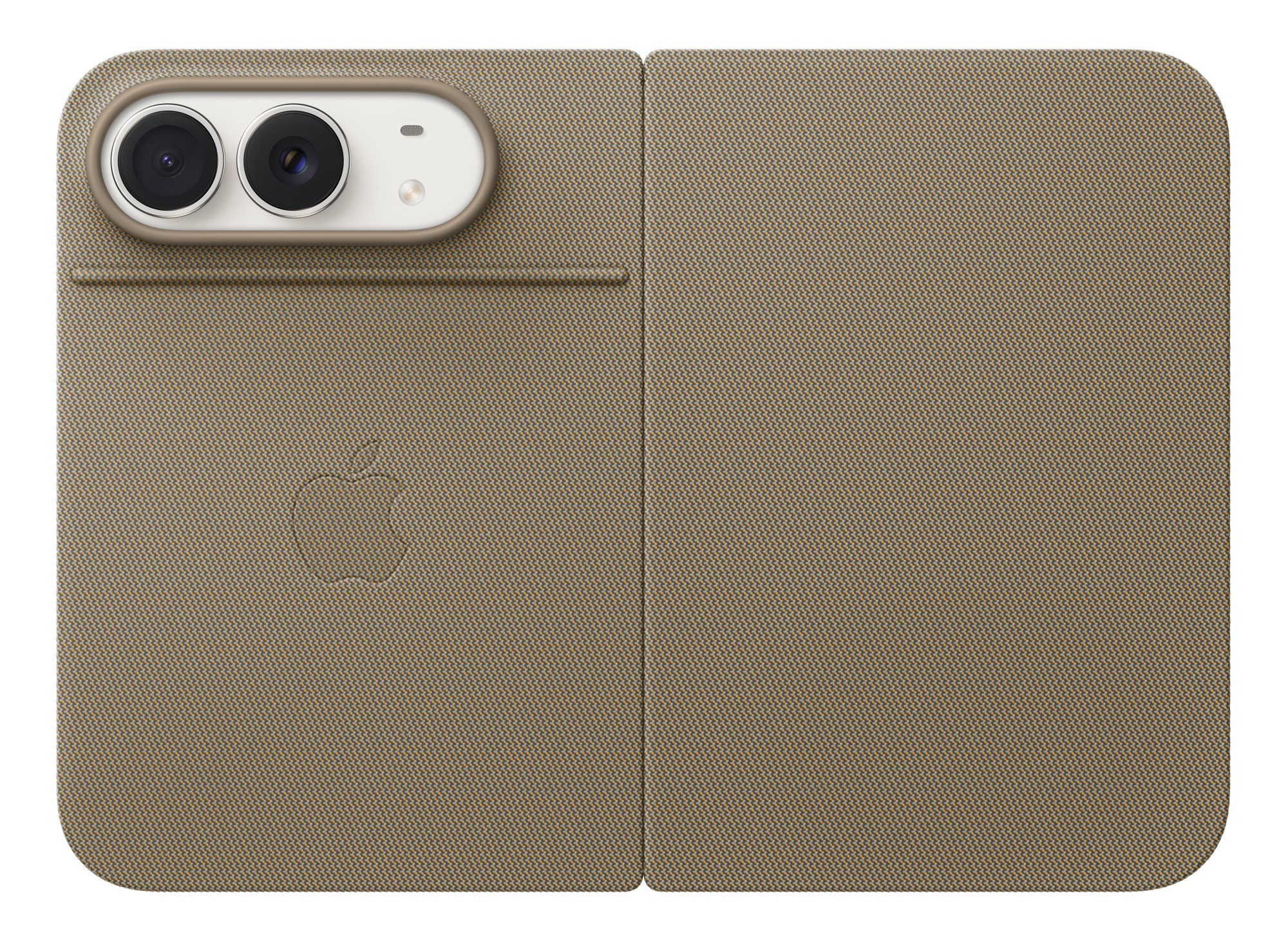 Beżowe, tkane etui na smartfon z dwoma aparatami u góry po lewej i wytłoczonym logo Apple.