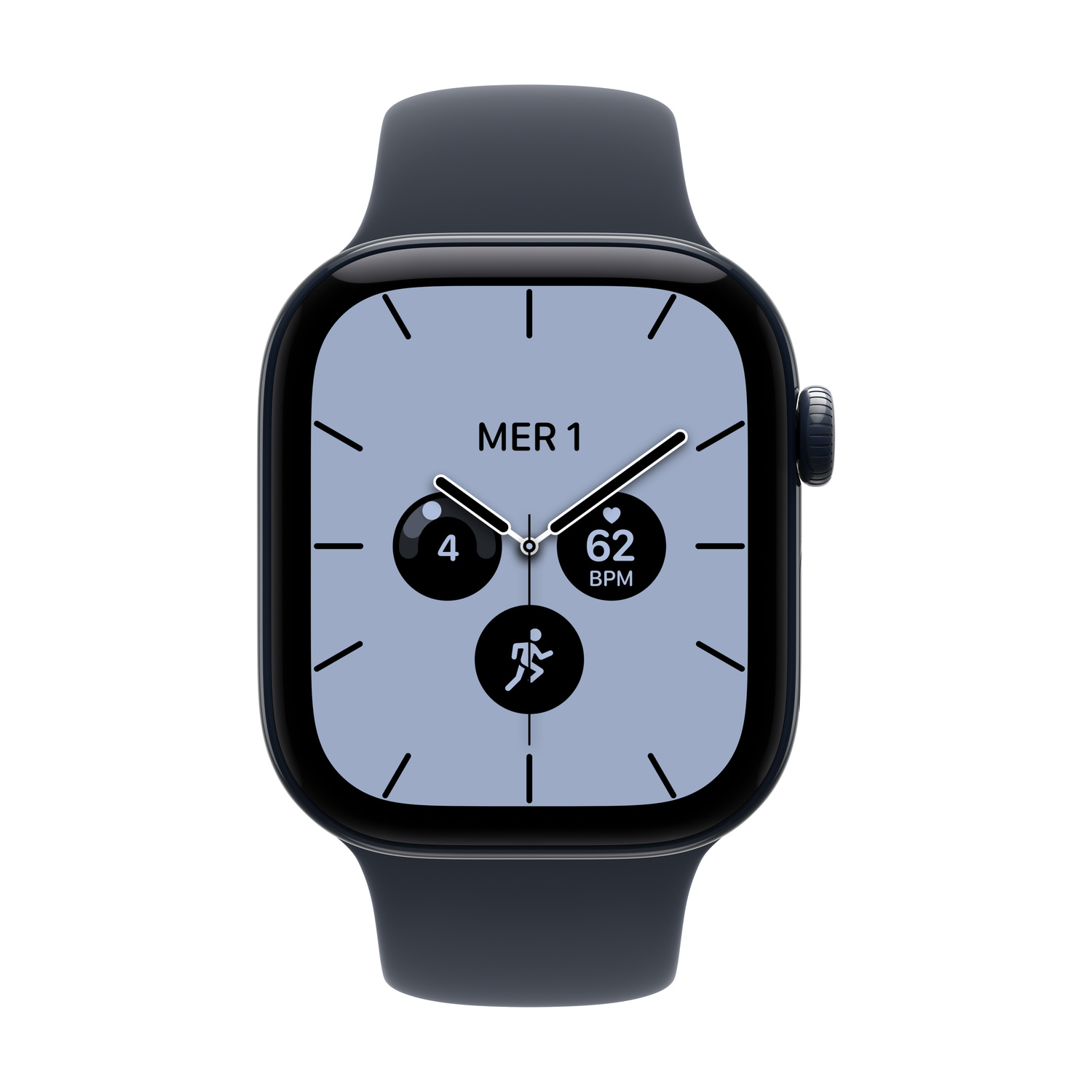 Smartwatch nero con quadrante grigio, lancette bianche, cardiofrequenzimetro e icona di corsa su sfondo bianco.