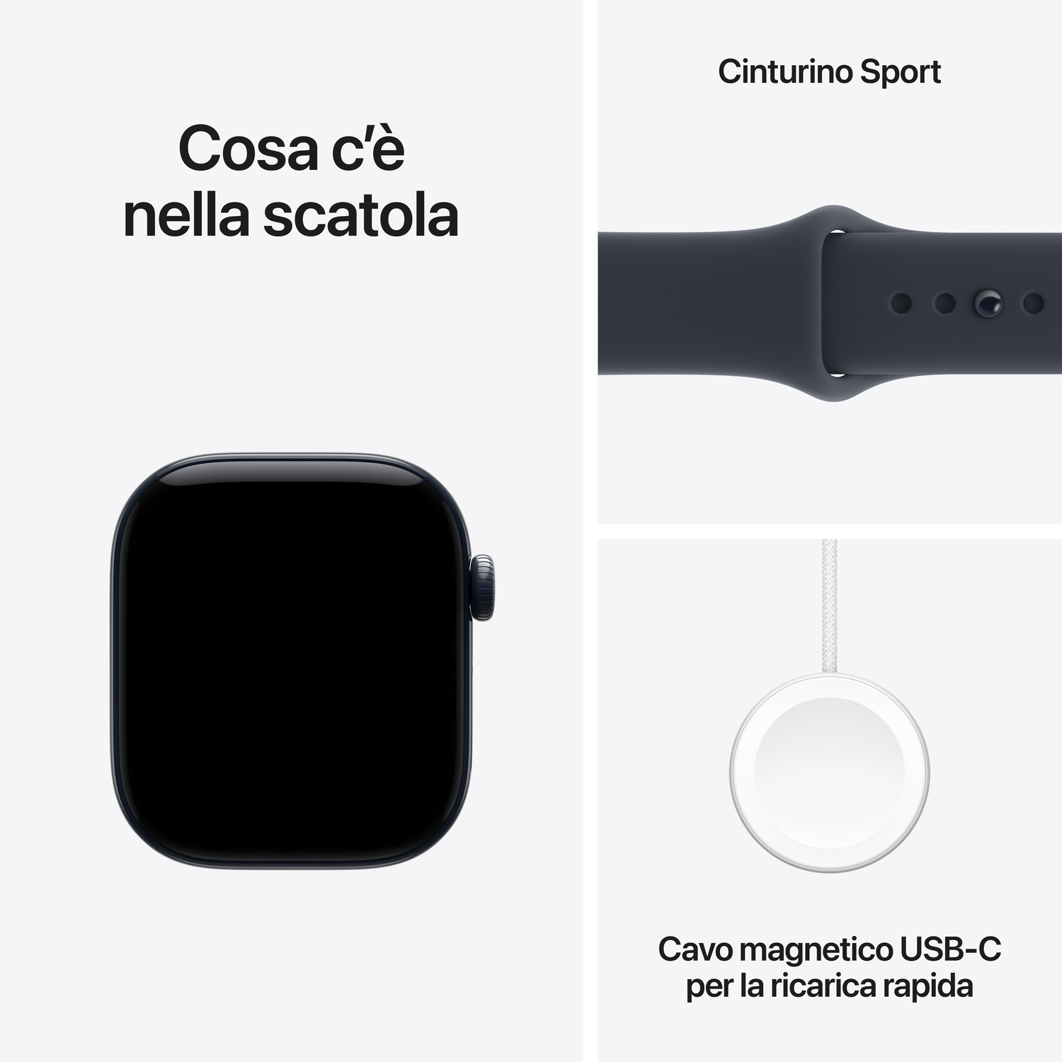Cosa c'è nella scatola: smartwatch, cinturino sportivo e cavo di ricarica rapida USB-C.