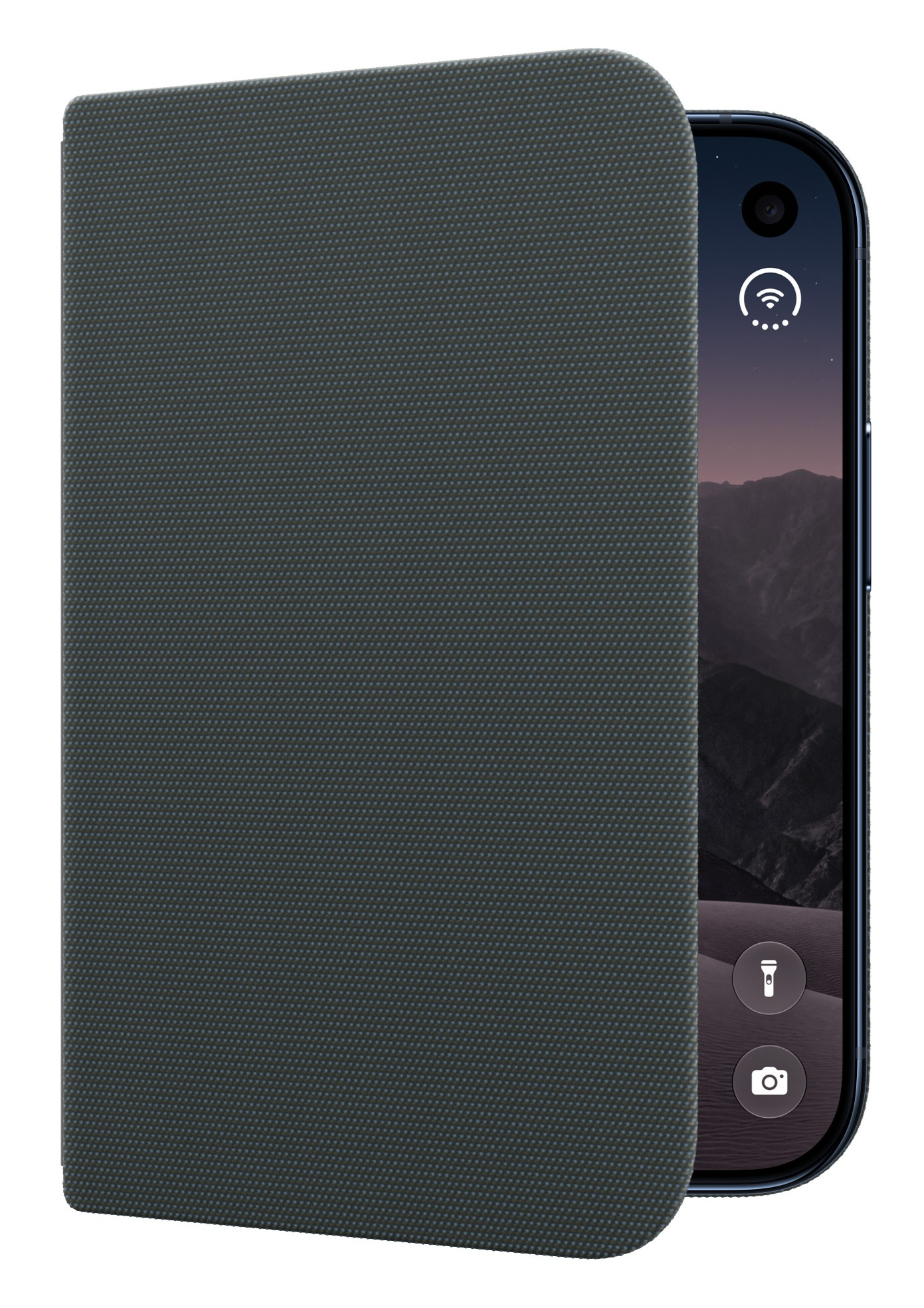 Smartfon w ciemnoszarym, teksturowanym etui ochronnym, które jest częściowo otwarte.