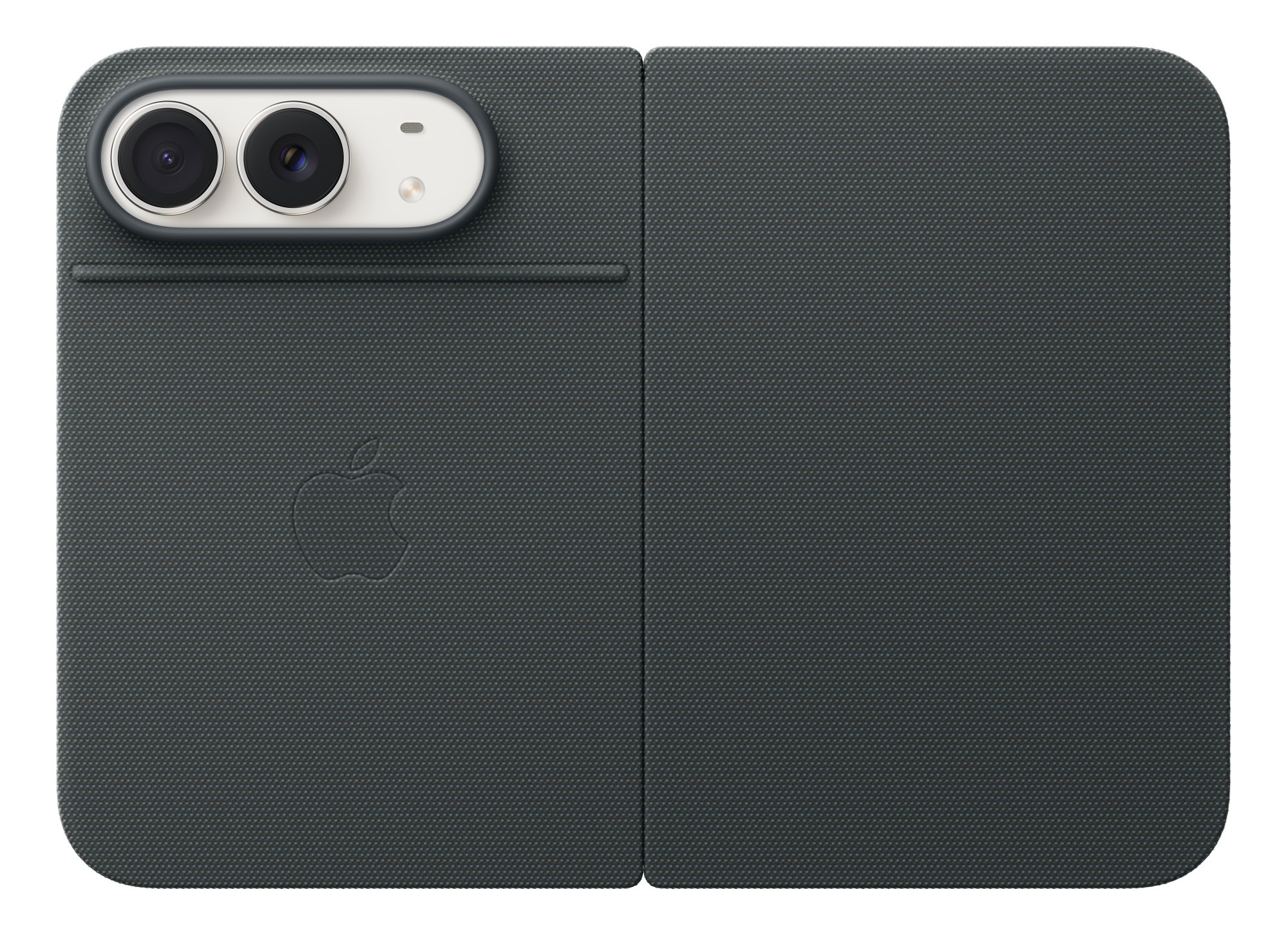 Ciemnoszare składane etui na telefon Apple iPhone z wycięciem na aparat i logo Apple.
