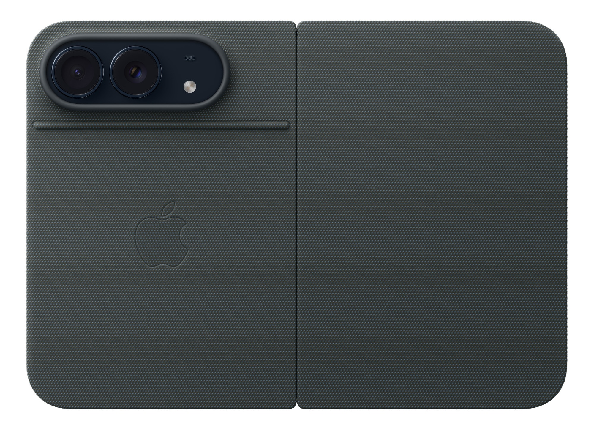 Ciemnoszare, teksturowane etui składane z dwoma aparatami w lewym górnym rogu i logo Apple.