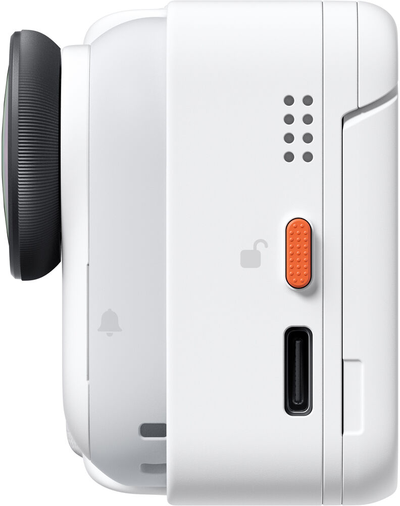 Egy fehér kamera oldalsó nézete fekete lencsével, narancssárga kapcsolóval és USB-C porttal.