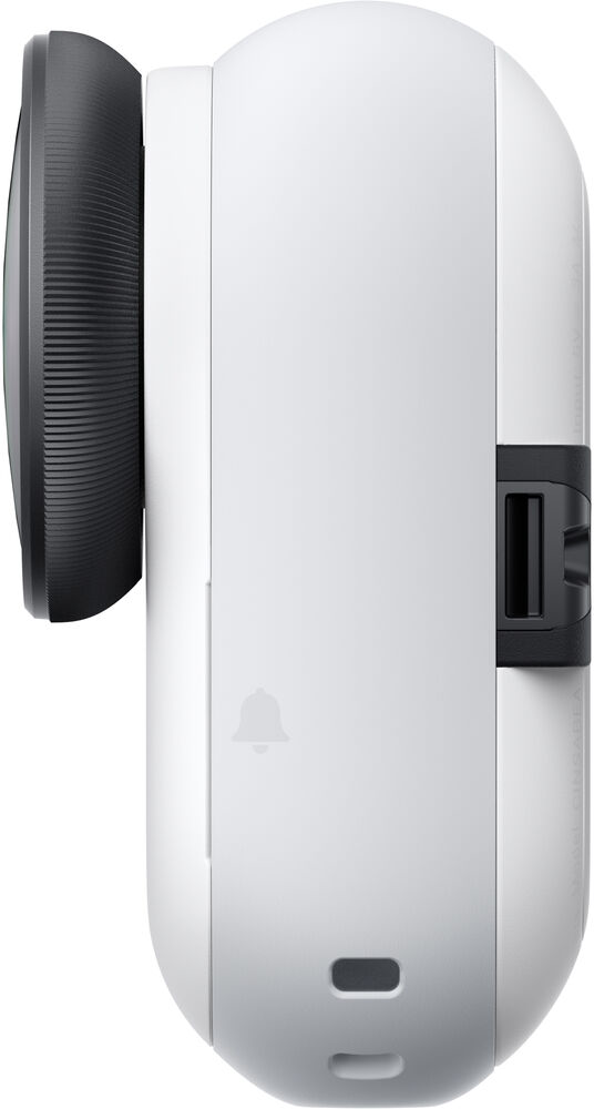 Fehér biztonsági kamera oldalsöve fekete lencsével és USB-porttal.