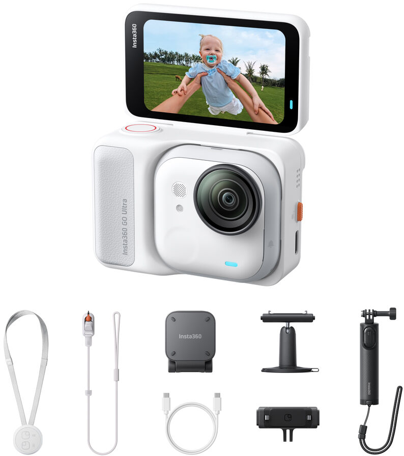 Fehér Insta360 GO Ultra akciókamera felhajtható kijelzővel és különféle tartozékokkal.